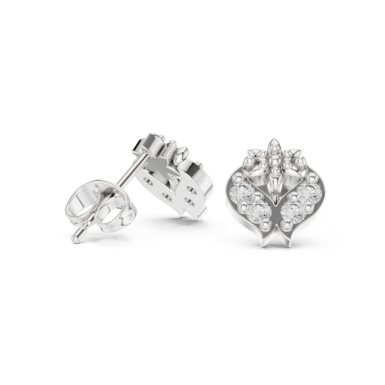 Yellow Gold Diamond Lotus Crest Stud Earrings – Vintage Inspired Floral Crest Earrings