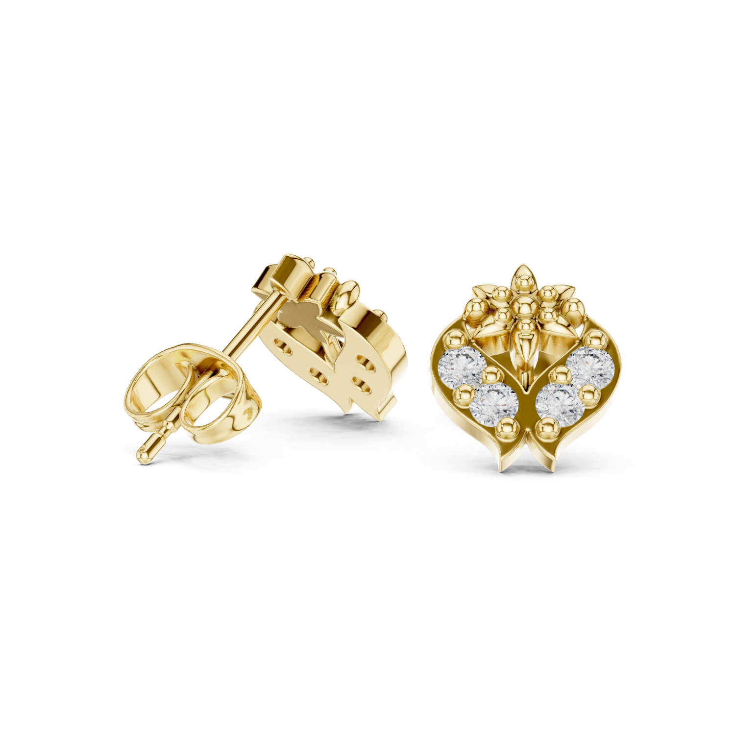 Yellow Gold Diamond Lotus Crest Stud Earrings – Vintage Inspired Floral Crest Earrings