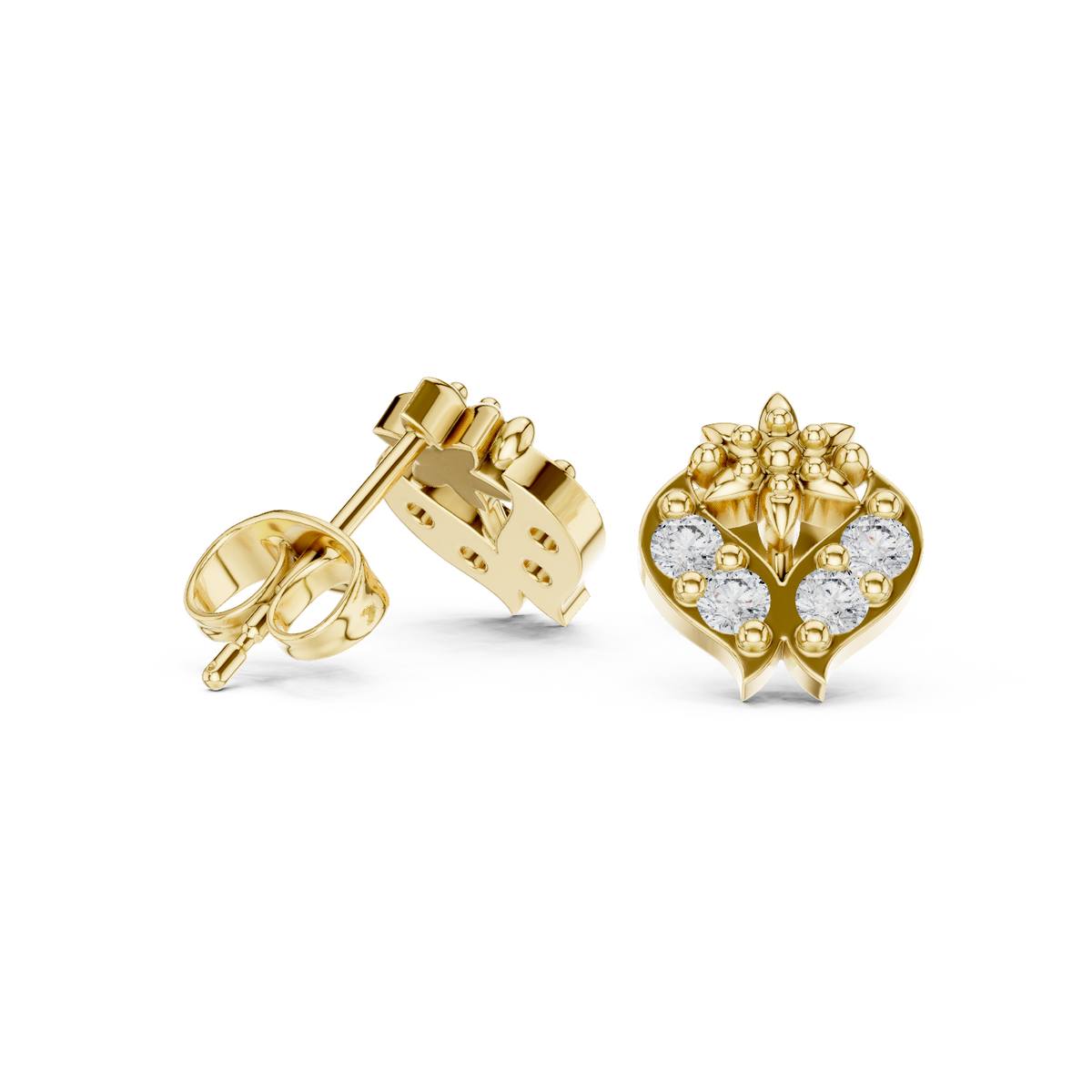 Yellow Gold Diamond Lotus Crest Stud Earrings – Vintage Inspired Floral Crest Earrings