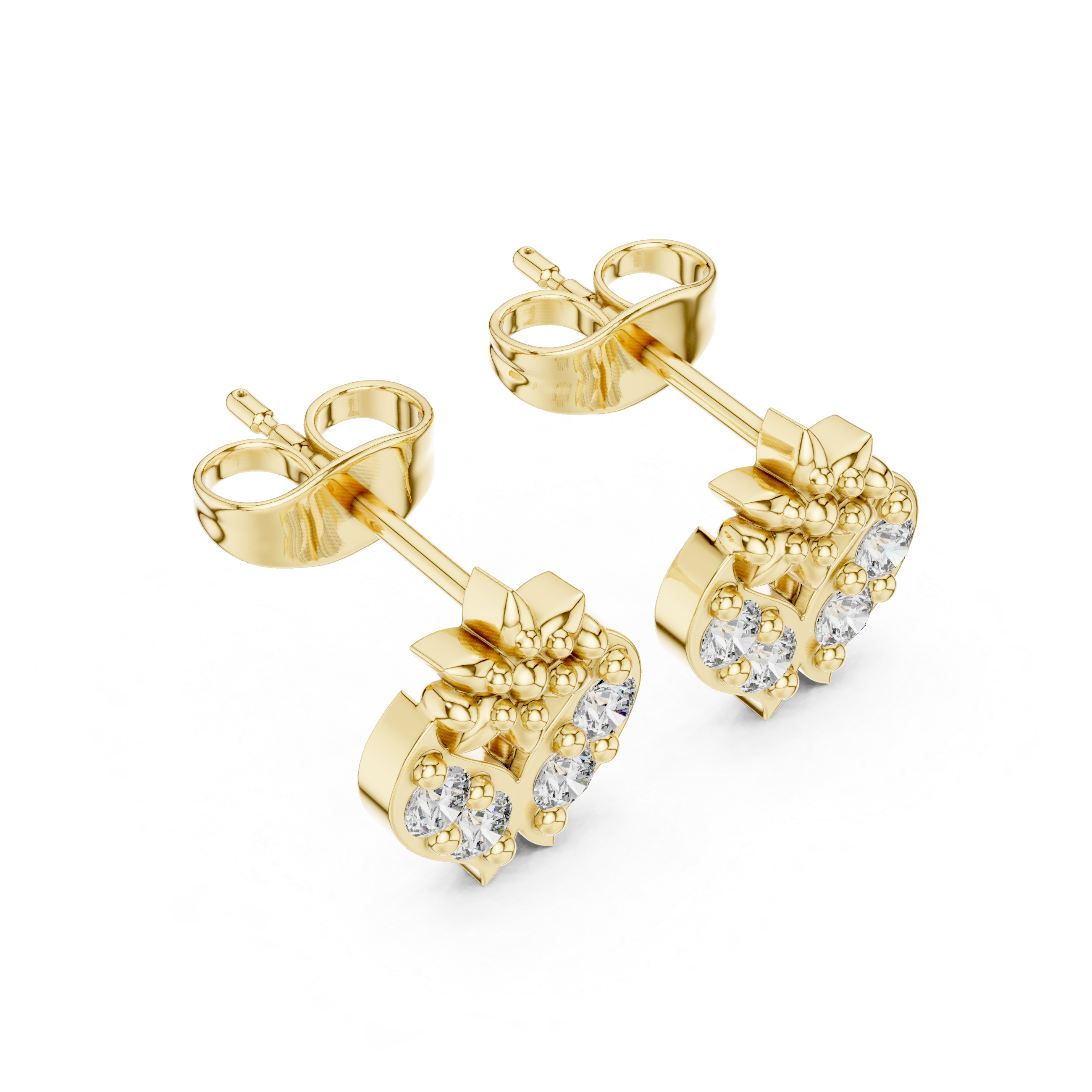 Yellow Gold Diamond Lotus Crest Stud Earrings – Vintage Inspired Floral Crest Earrings