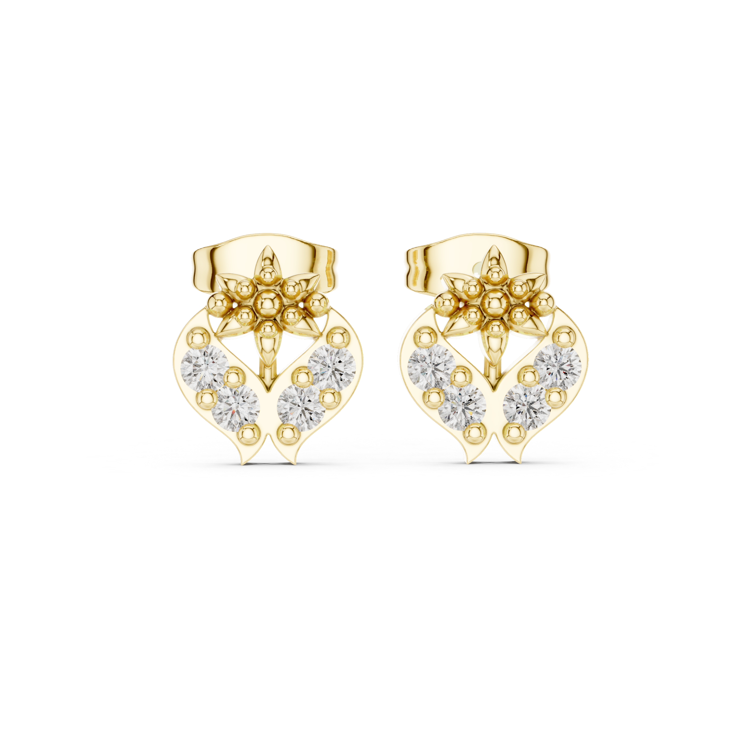 Yellow Gold Diamond Lotus Crest Stud Earrings – Vintage Inspired Floral Crest Earrings
