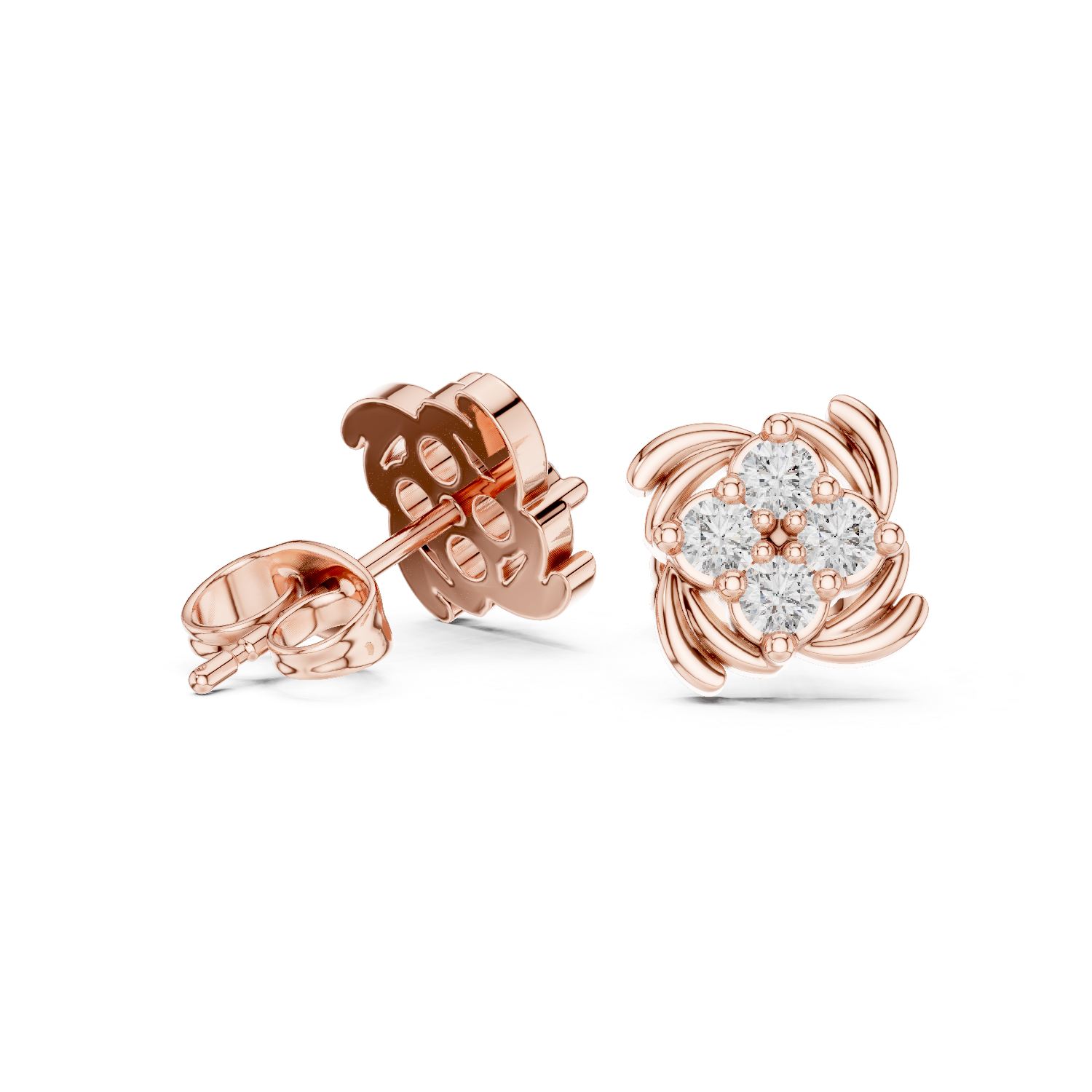 White Pinwheel Diamond Cluster Stud Earrings – Swirl Motif Floral Earrings