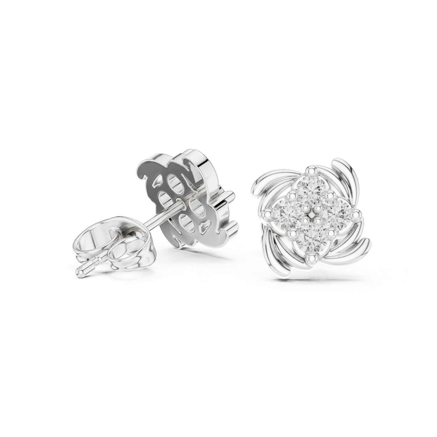 White Pinwheel Diamond Cluster Stud Earrings – Swirl Motif Floral Earrings