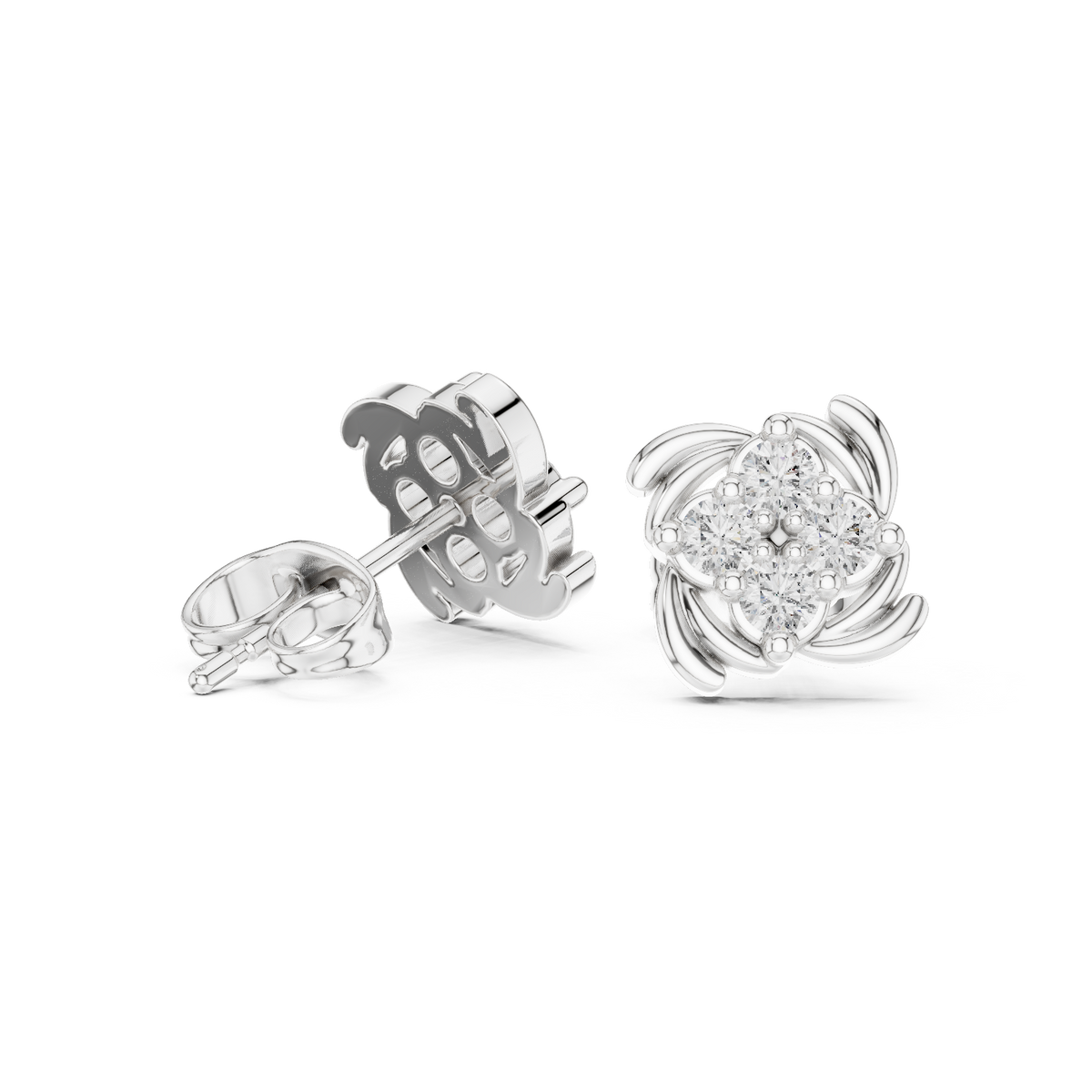 White Pinwheel Diamond Cluster Stud Earrings – Swirl Motif Floral Earrings