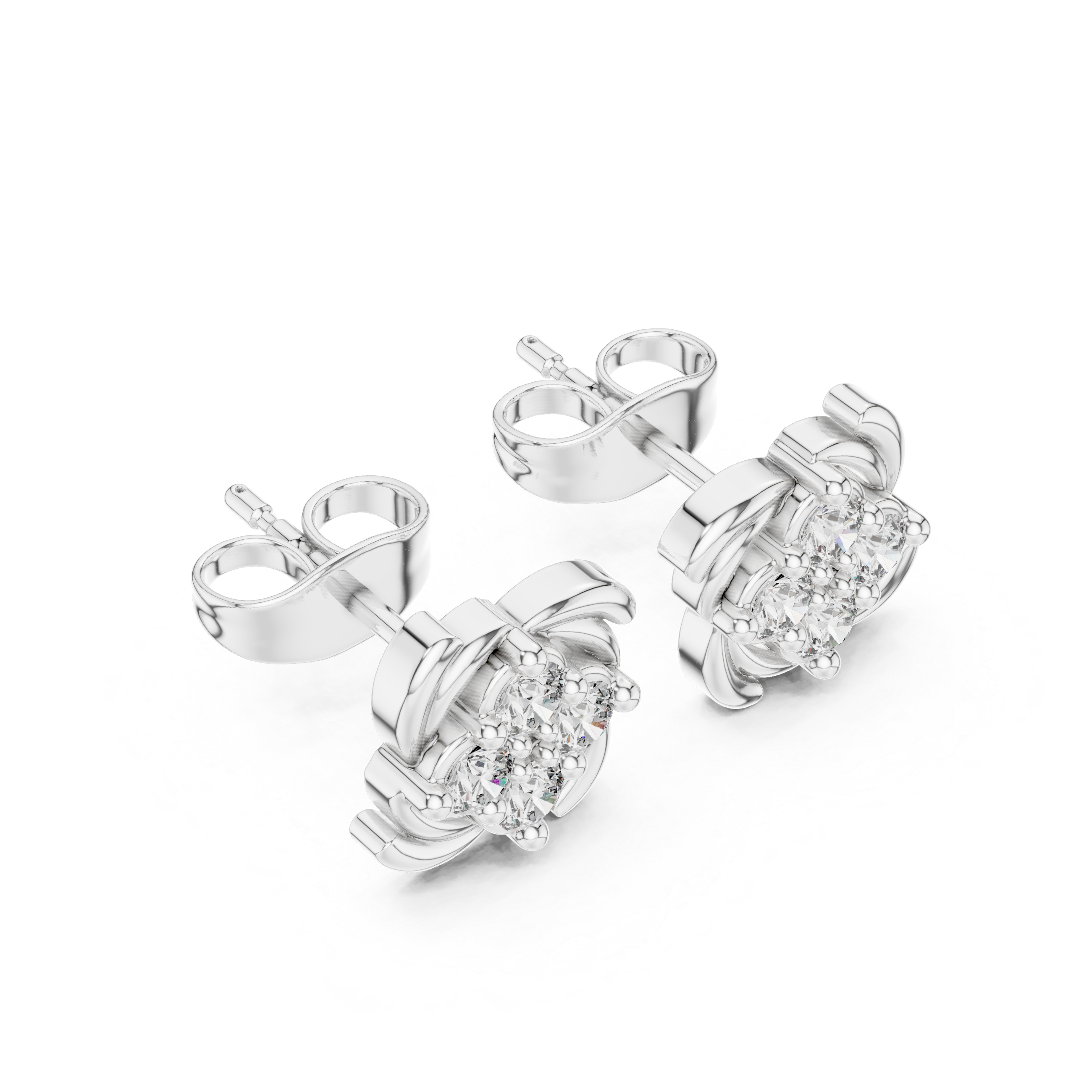 White Pinwheel Diamond Cluster Stud Earrings – Swirl Motif Floral Earrings
