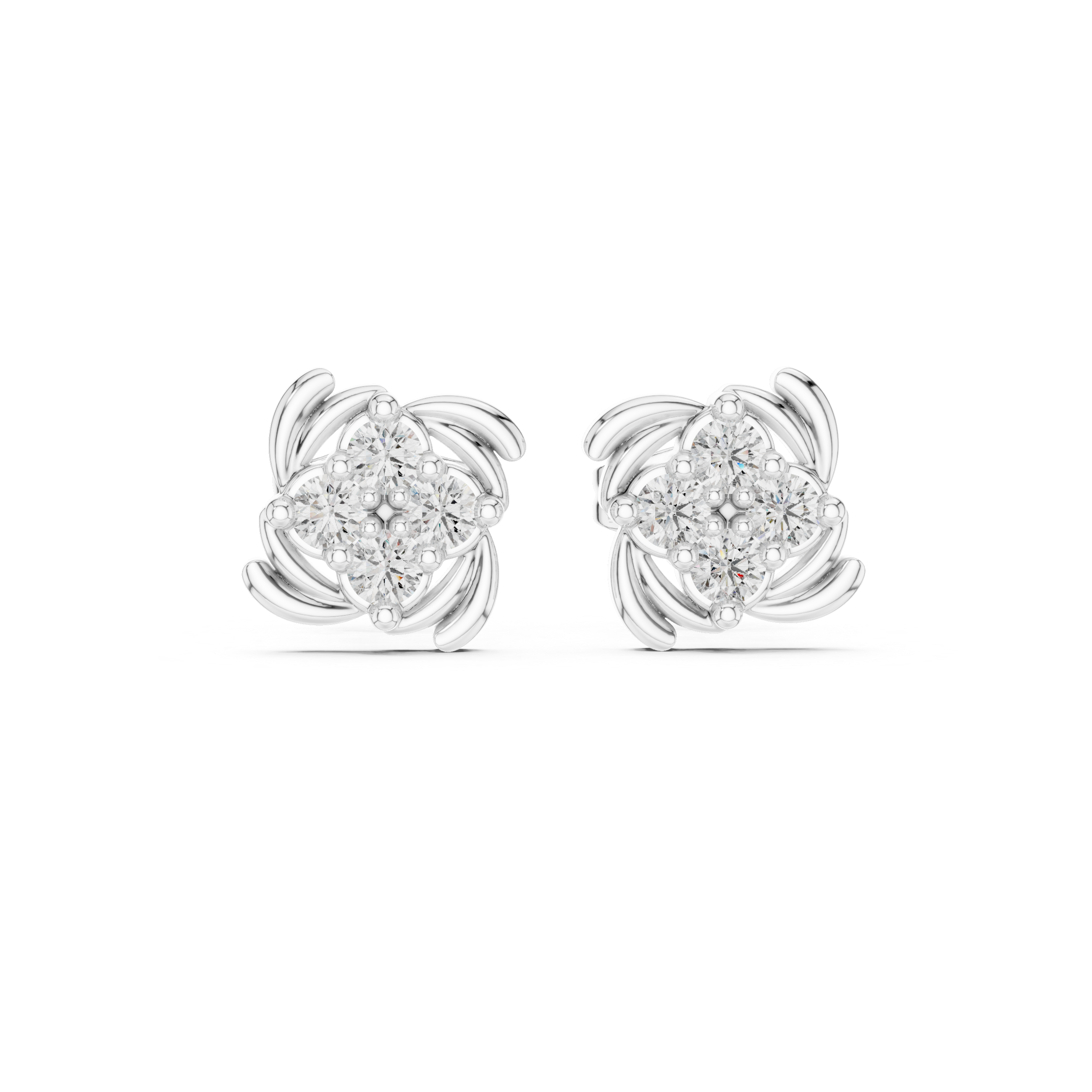White Pinwheel Diamond Cluster Stud Earrings – Swirl Motif Floral Earrings
