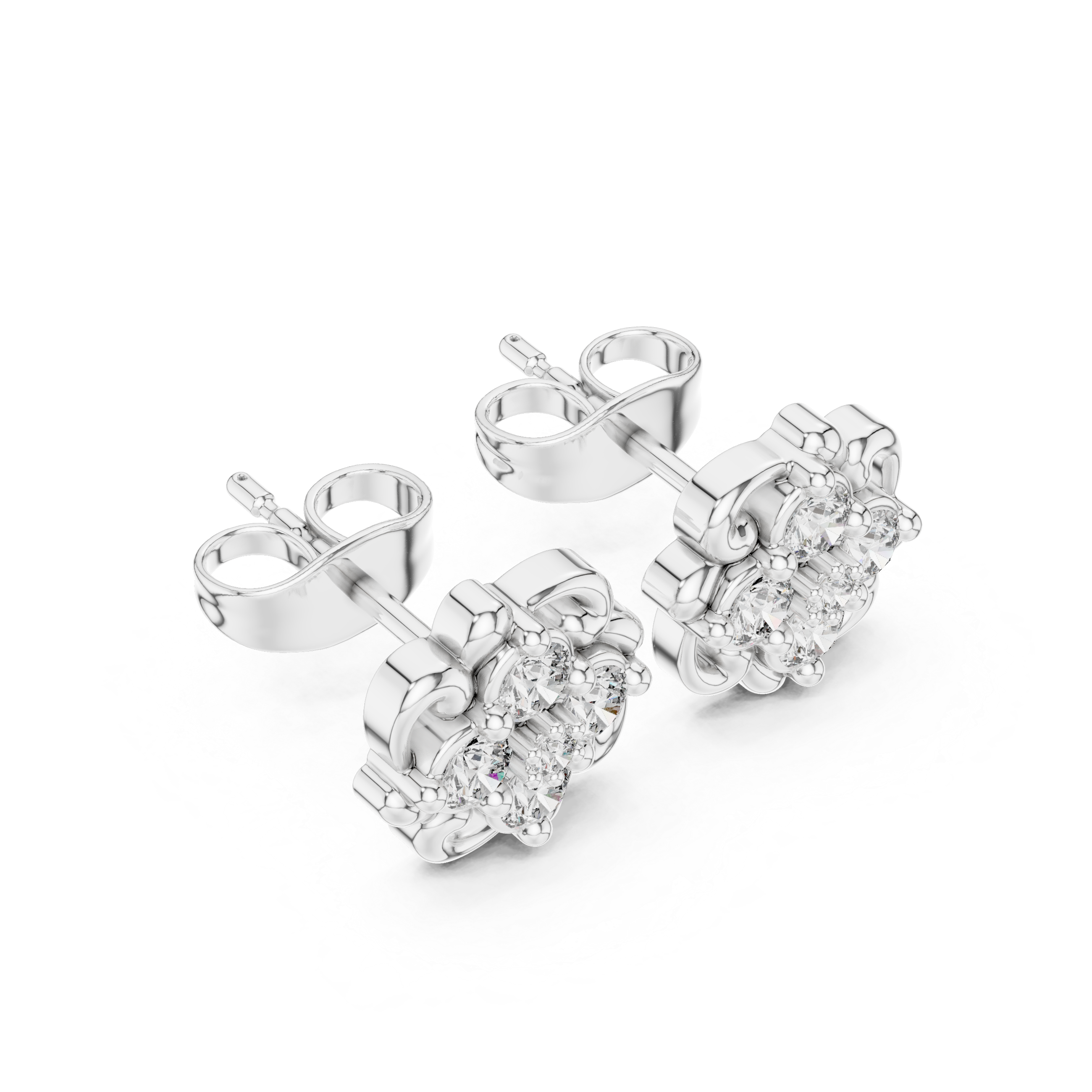 White Floral Cluster Diamond Stud Earrings – Vintage Scroll Halo Earrings