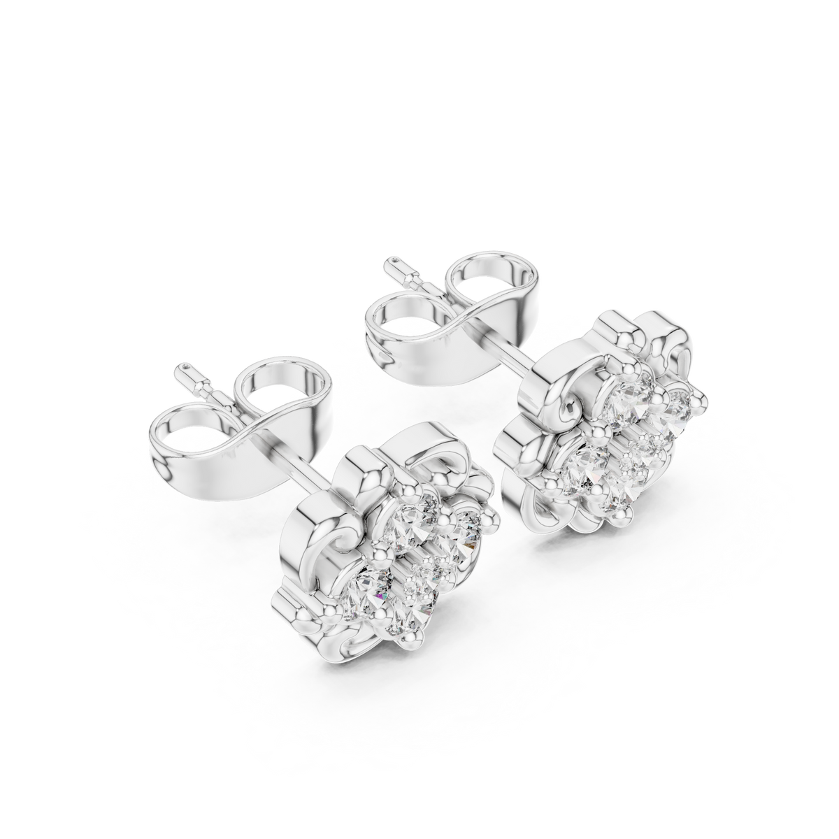 White Floral Cluster Diamond Stud Earrings – Vintage Scroll Halo Earrings