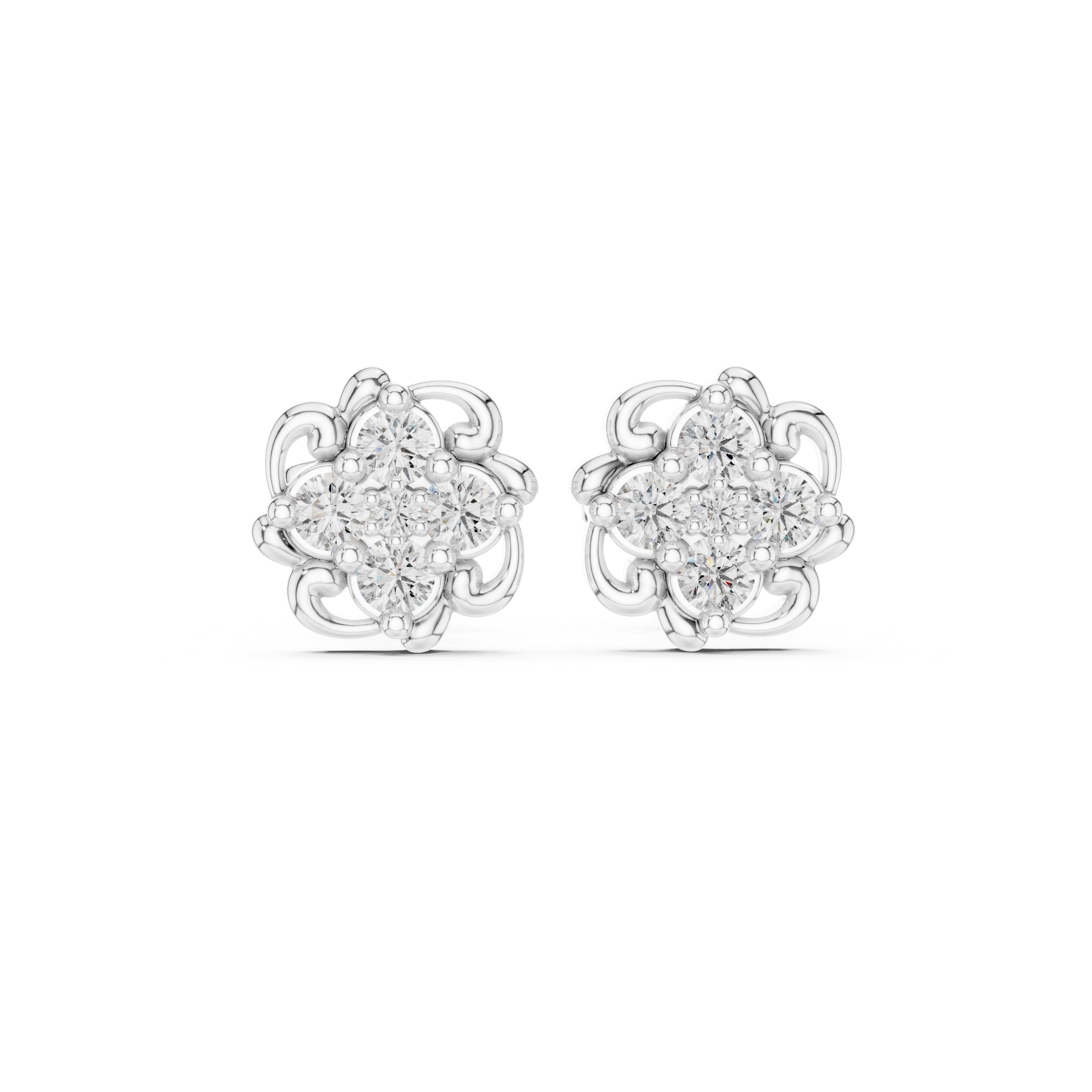 White Floral Cluster Diamond Stud Earrings – Vintage Scroll Halo Earrings