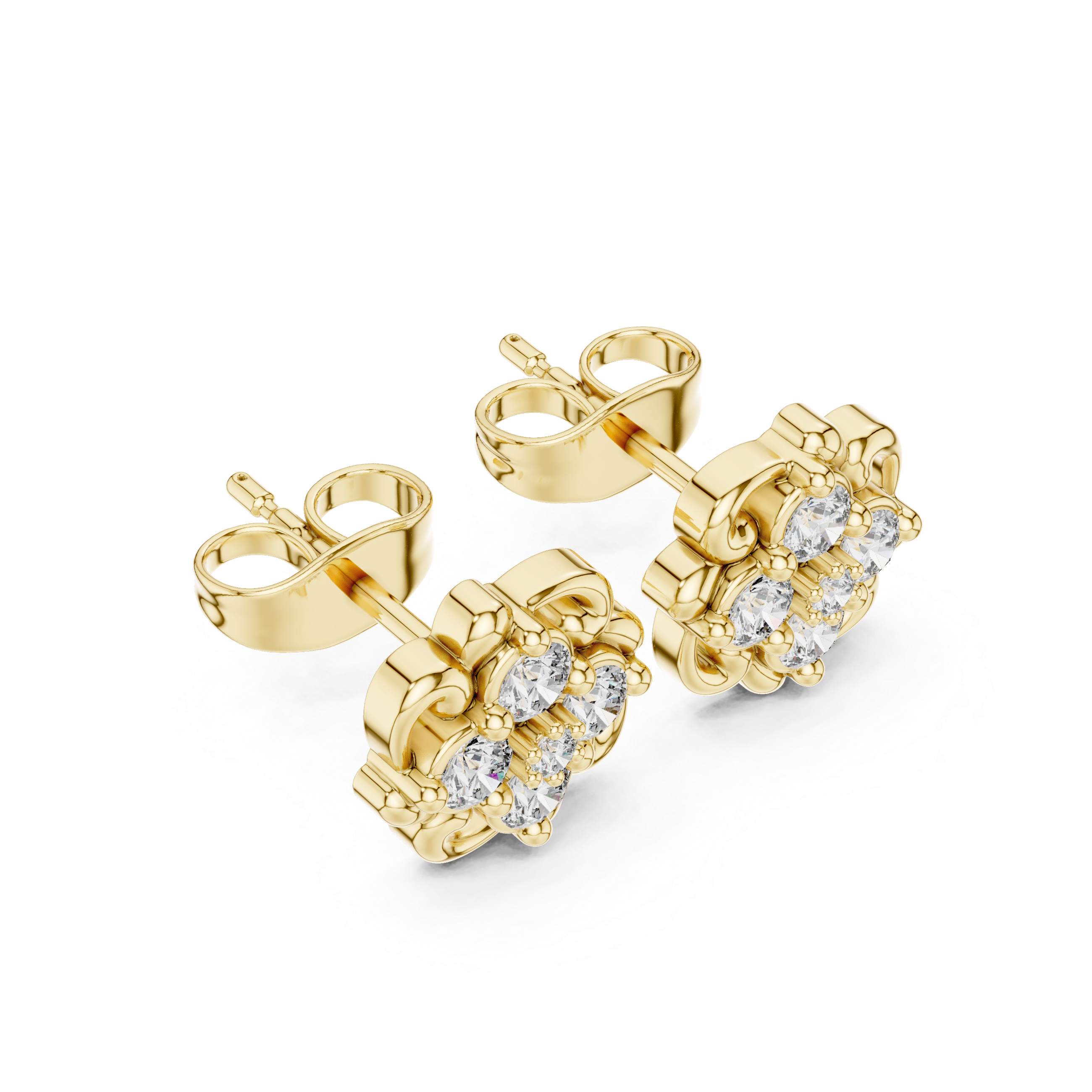 White Floral Cluster Diamond Stud Earrings – Vintage Scroll Halo Earrings