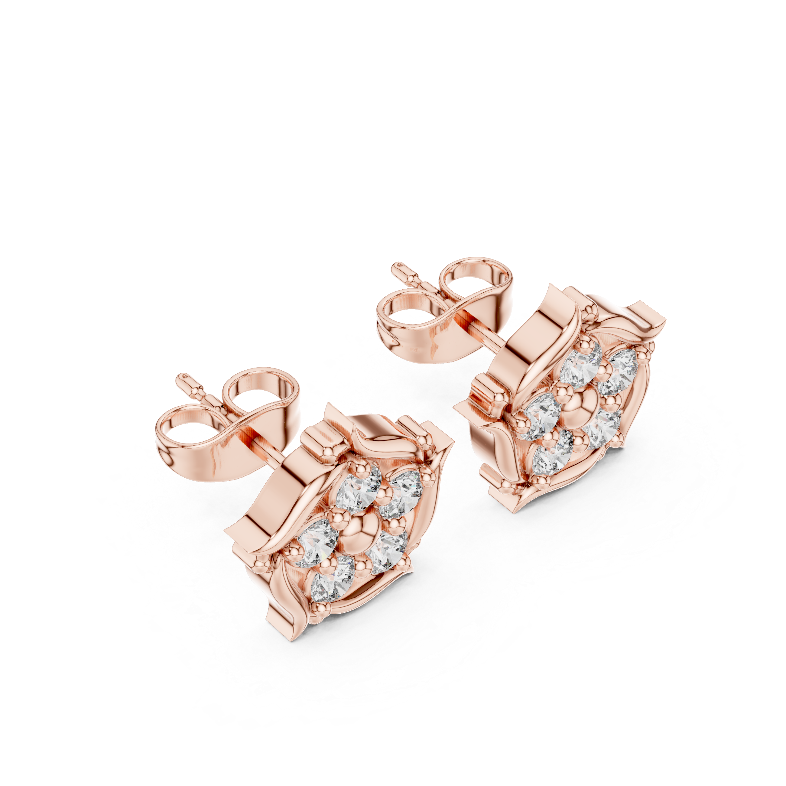 White Gold Square Floral Diamond Cluster Stud Earrings – Vintage Frame Earrings