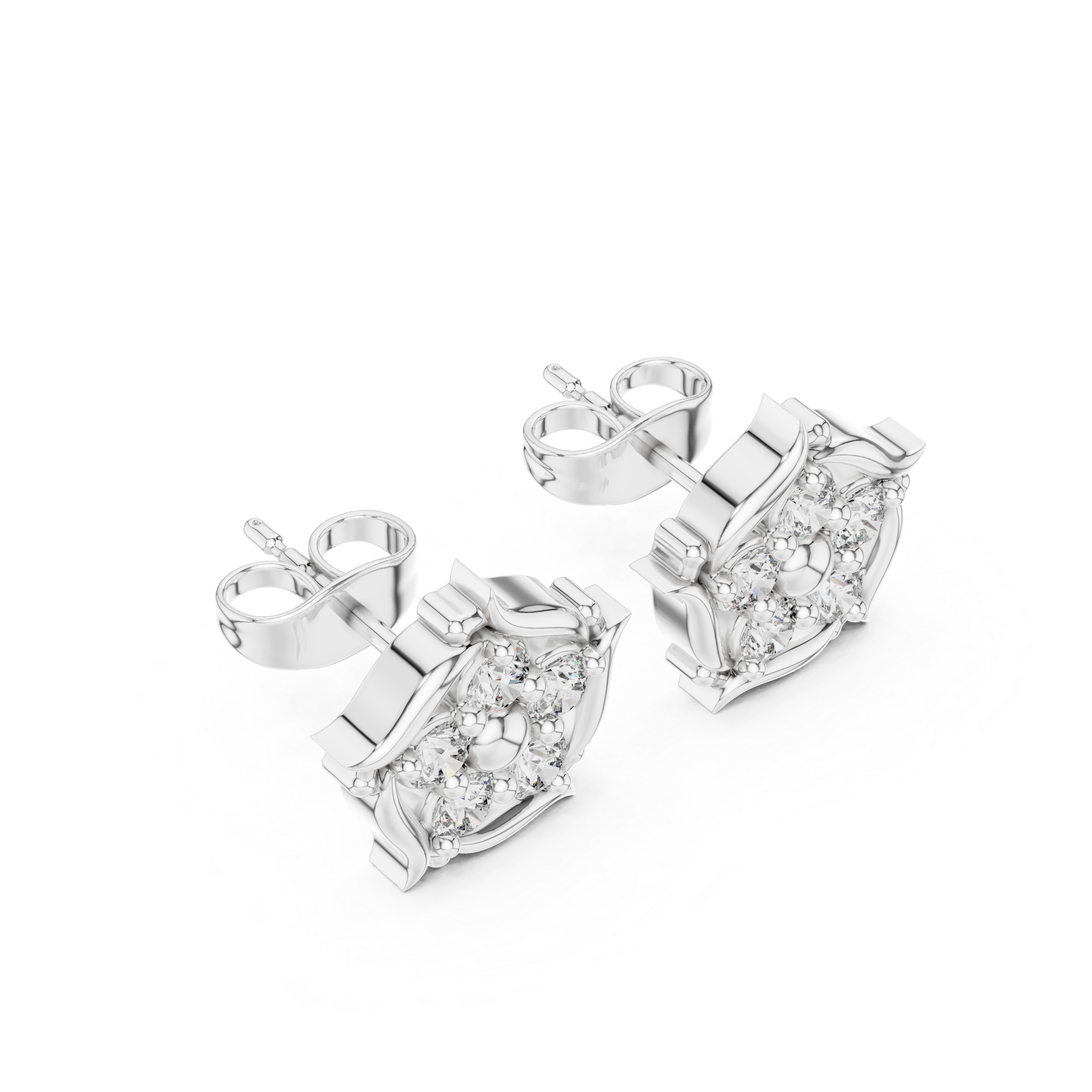 White Gold Square Floral Diamond Cluster Stud Earrings – Vintage Frame Earrings