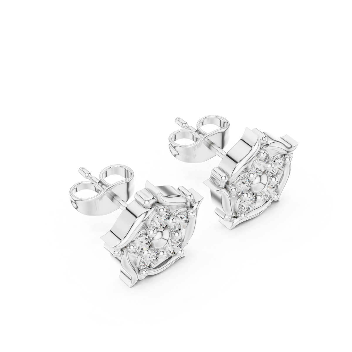 White Gold Square Floral Diamond Cluster Stud Earrings – Vintage Frame Earrings