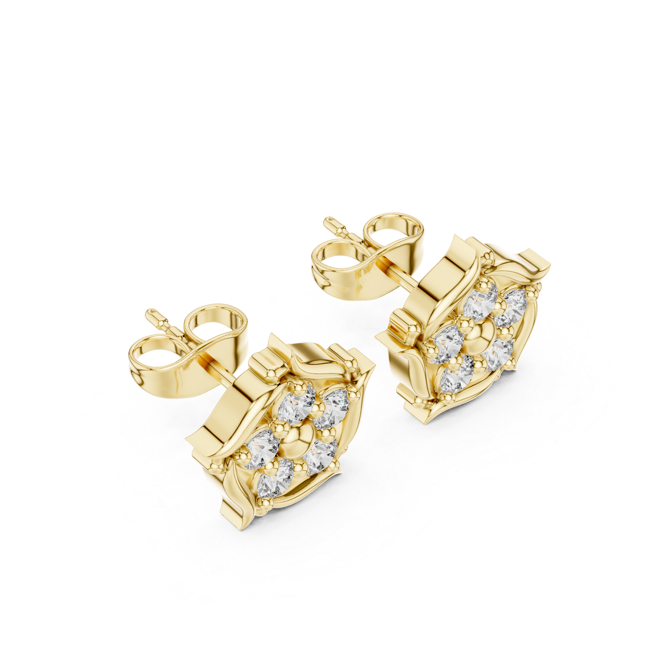 White Gold Square Floral Diamond Cluster Stud Earrings – Vintage Frame Earrings