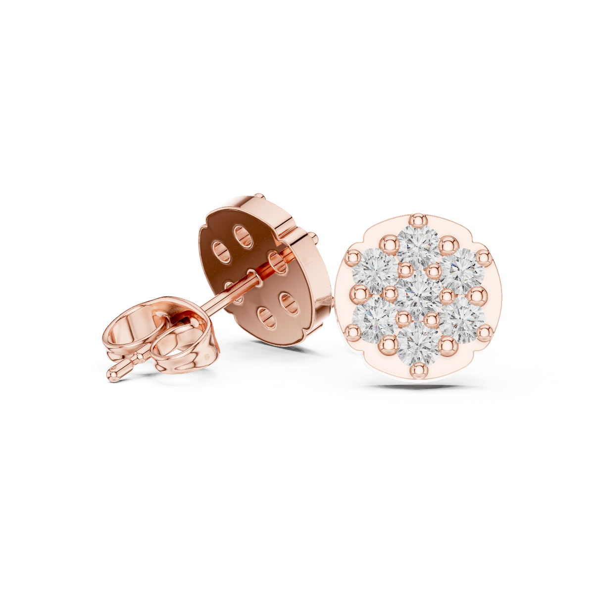 Rose Gold Floral Cluster Diamond Stud Earrings – Scalloped Halo Studs