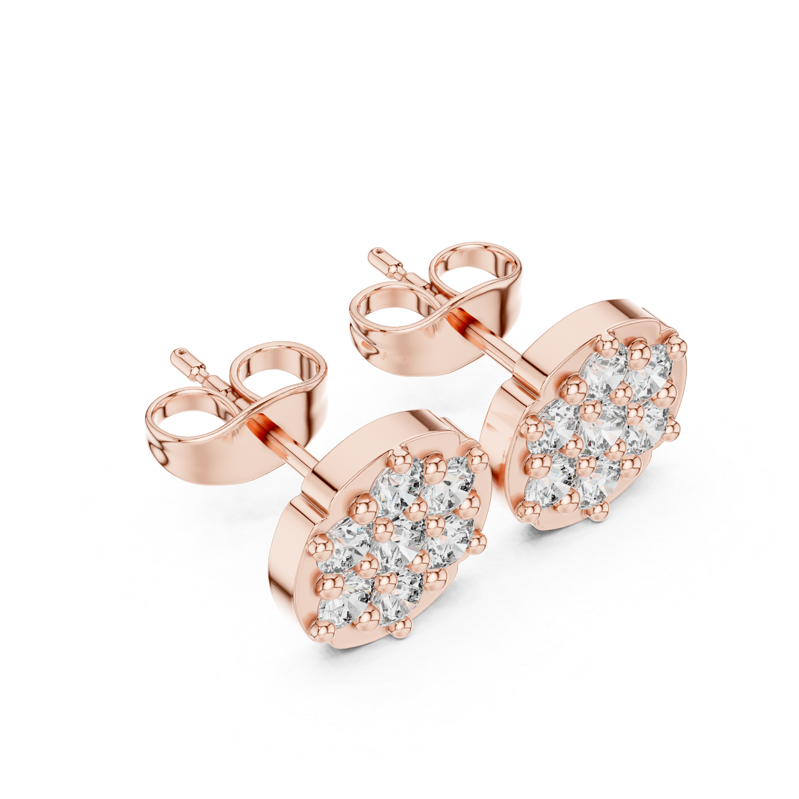 Rose Gold Floral Cluster Diamond Stud Earrings – Scalloped Halo Studs