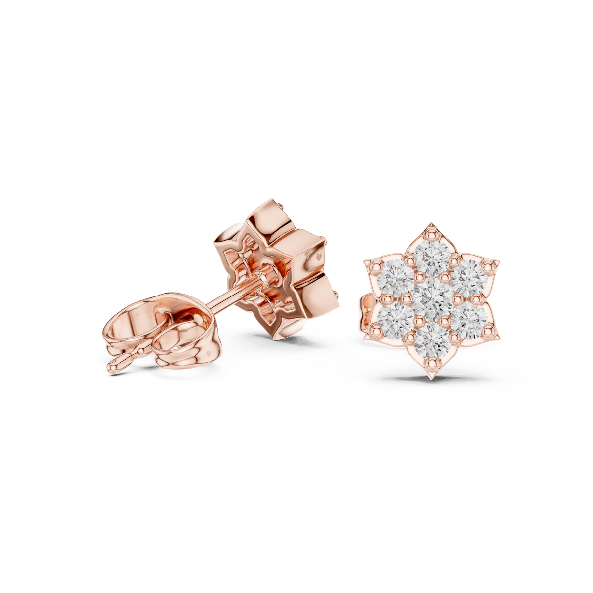 Rose Gold Floral Star Diamond Cluster Stud Earrings – Pointed Petal Halo Earrings