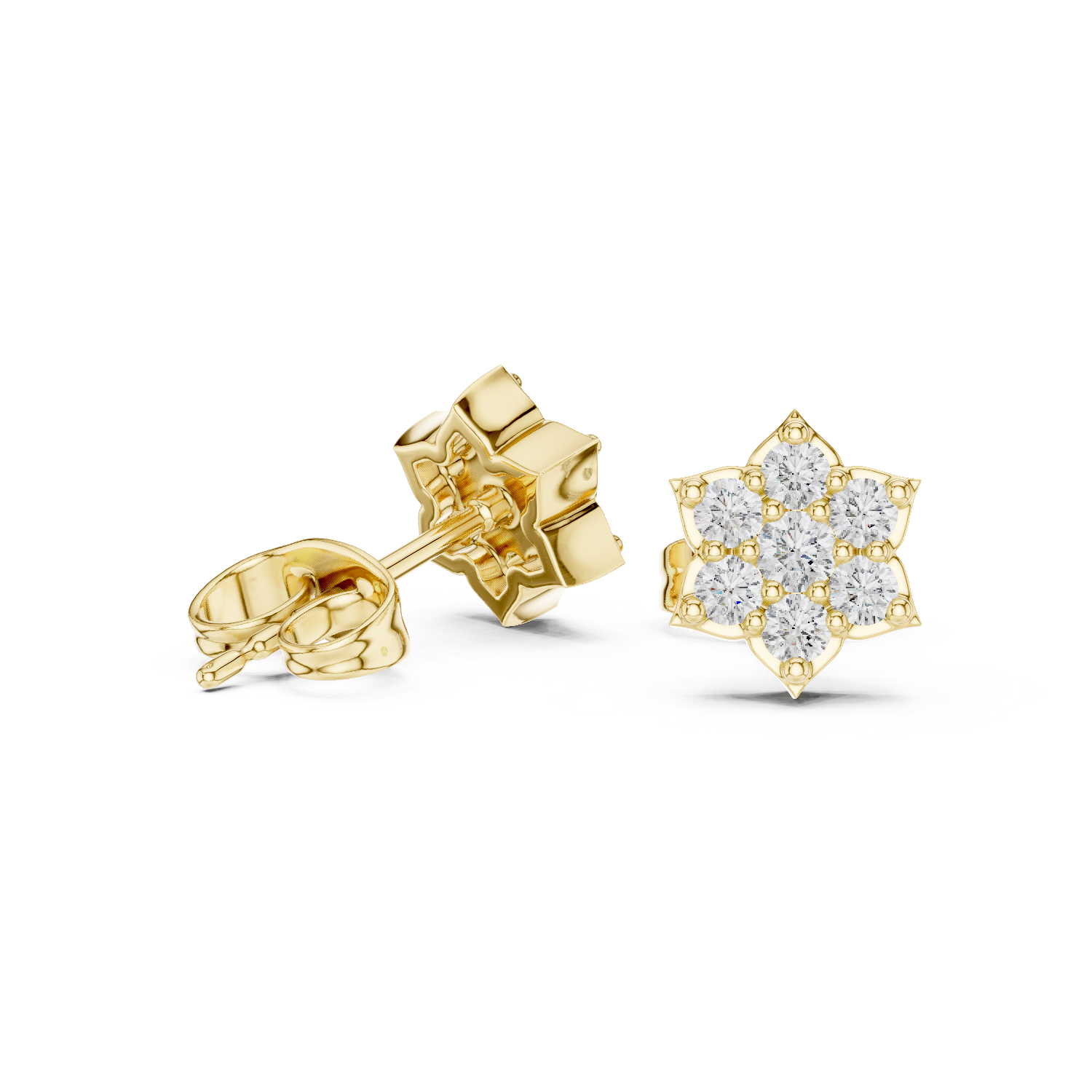 Rose Gold Floral Star Diamond Cluster Stud Earrings – Pointed Petal Halo Earrings