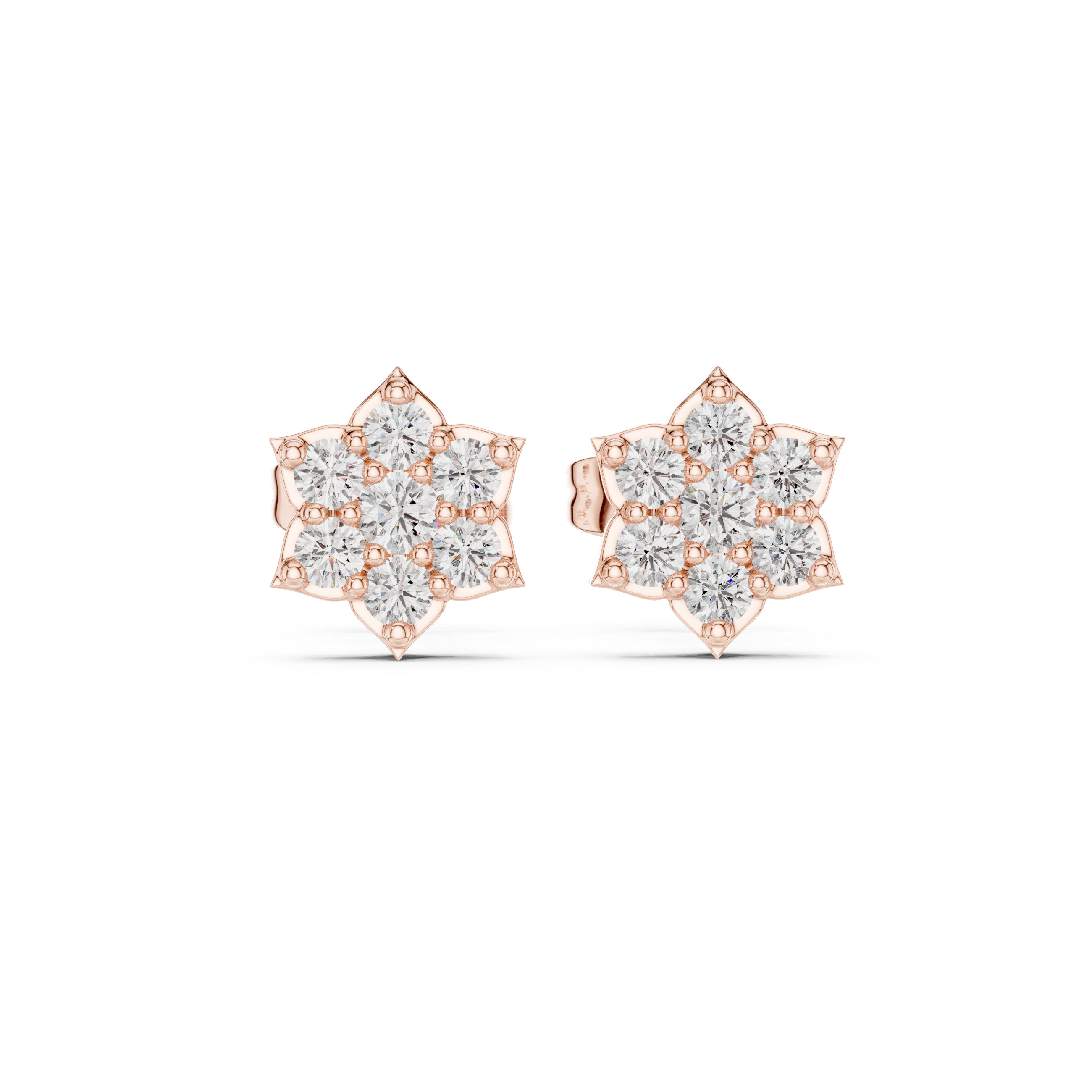 Rose Gold Floral Star Diamond Cluster Stud Earrings – Pointed Petal Halo Earrings
