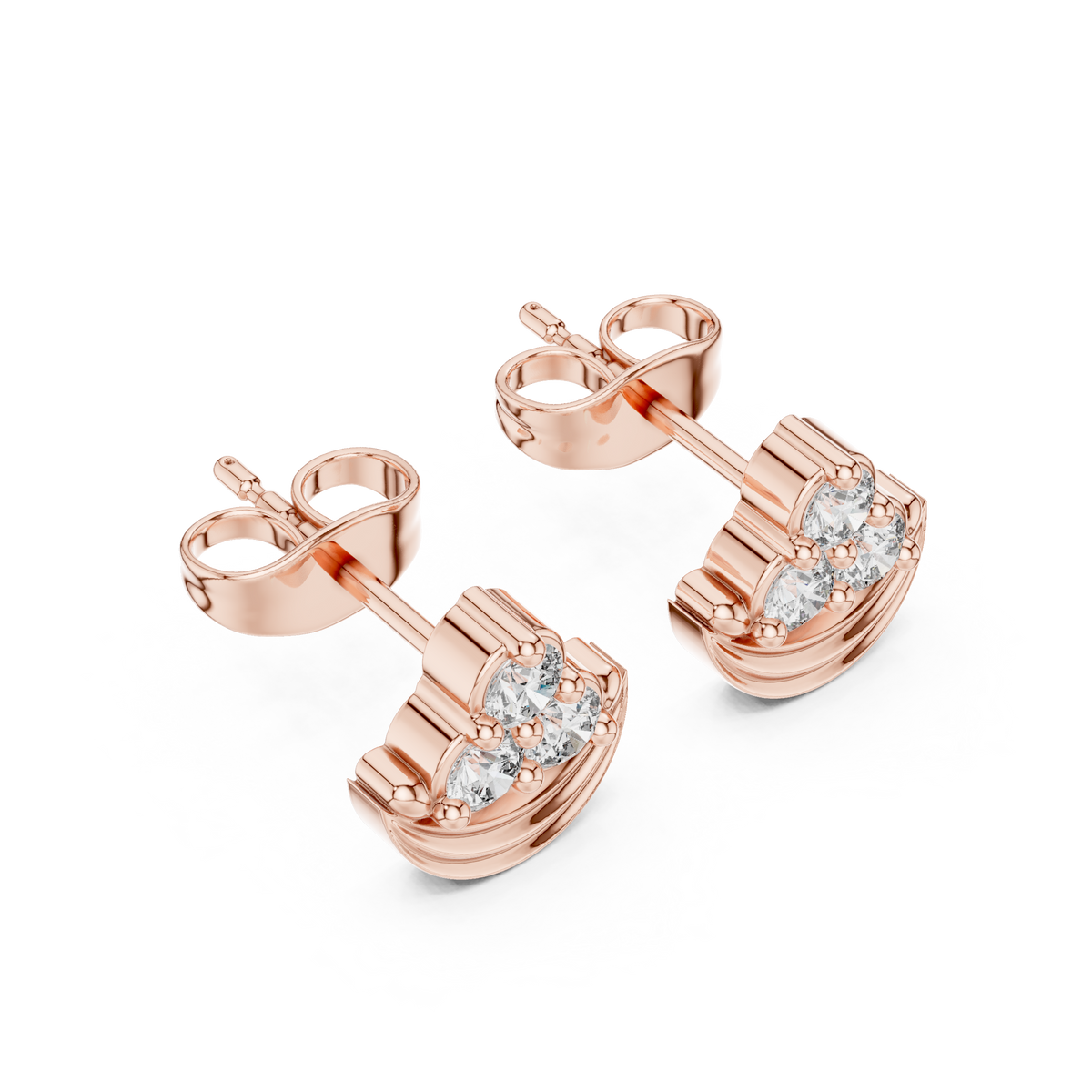 Rose Gold Crescent Diamond Cluster Stud Earrings – Curved Three-Stone Studs