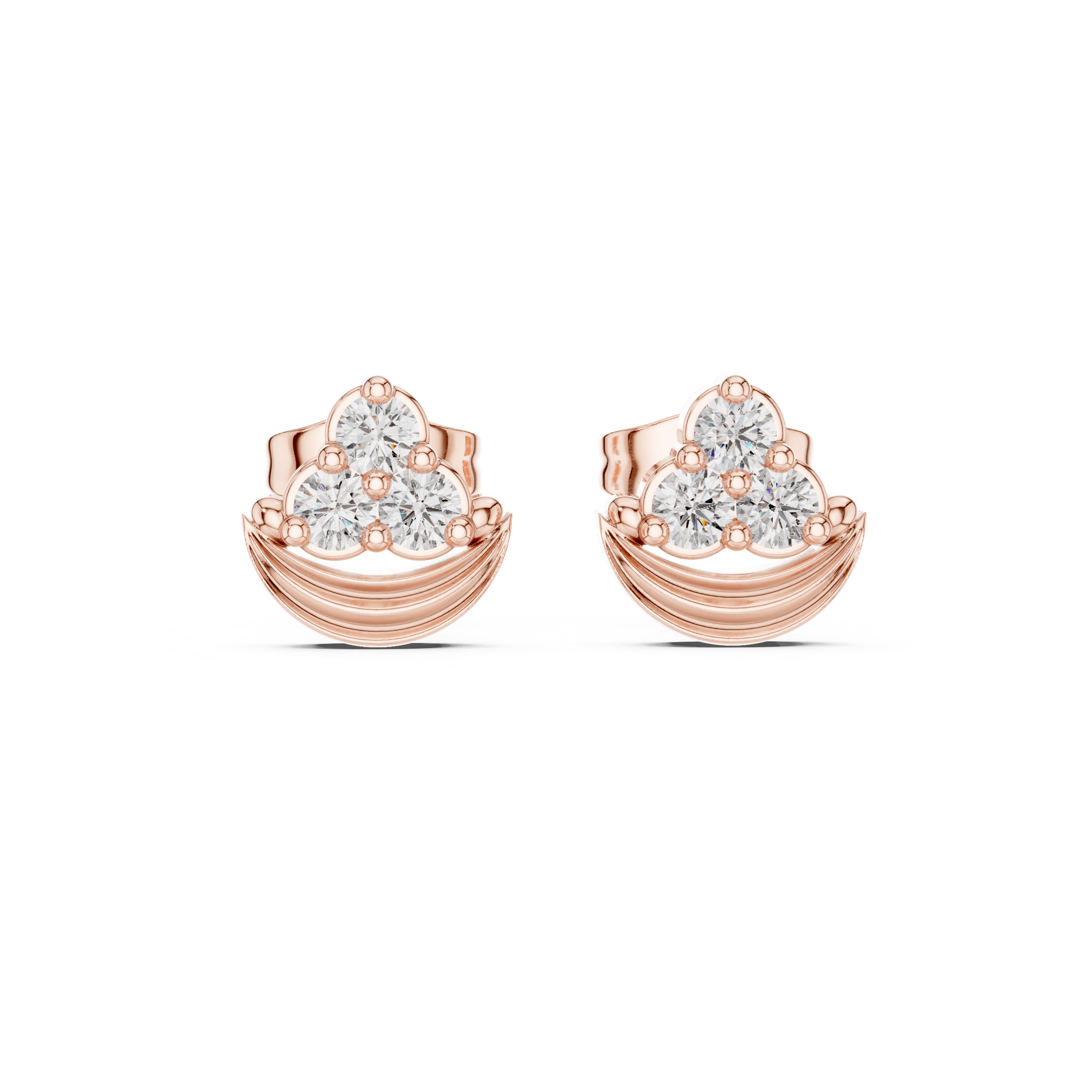 Rose Gold Crescent Diamond Cluster Stud Earrings – Curved Three-Stone Studs