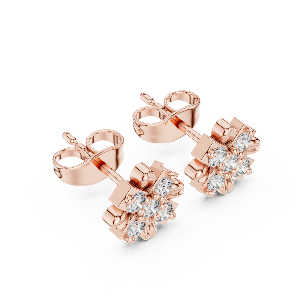 Rose Gold Vintage Filigree Clover Diamond Cluster Stud Earrings