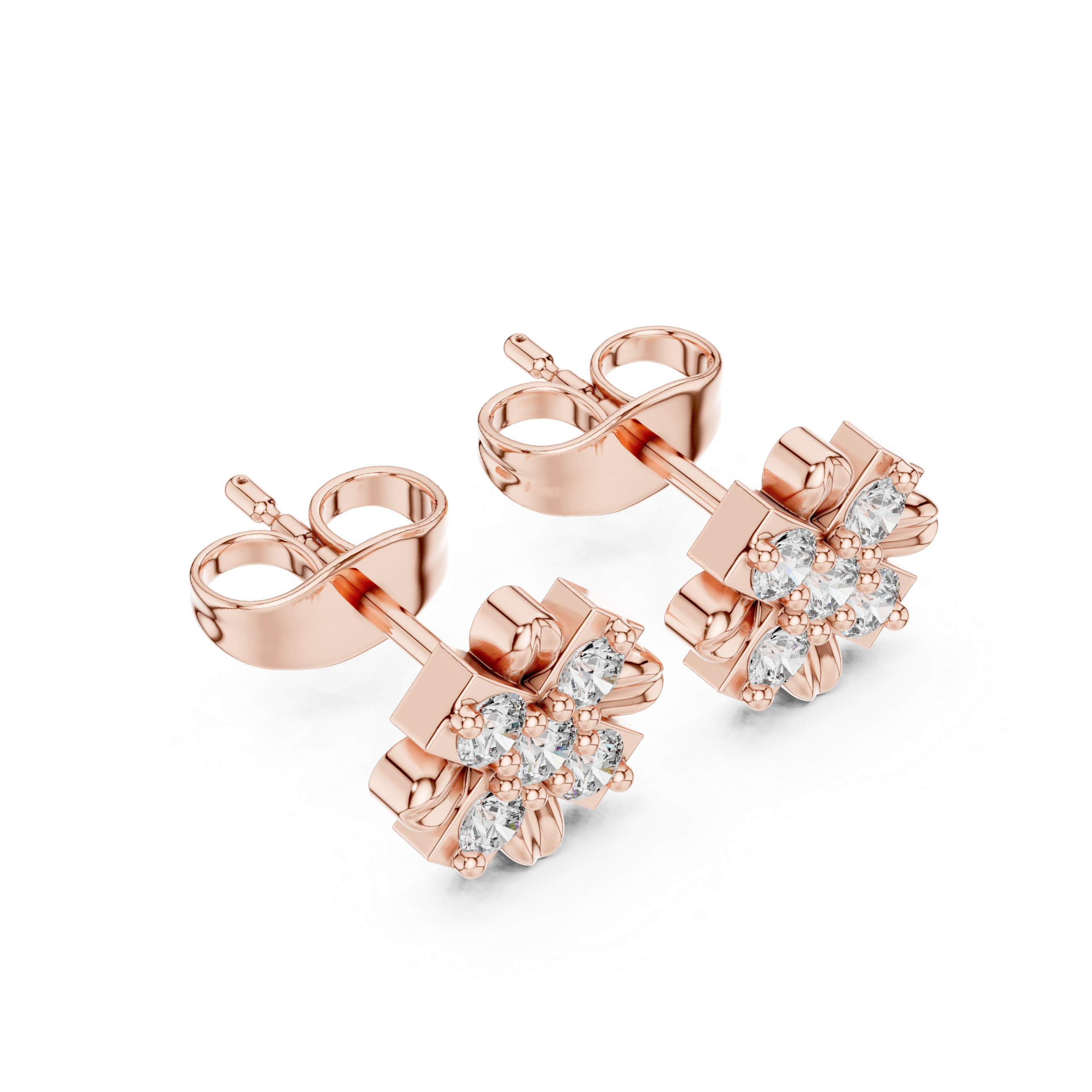 Rose Gold Four-Petal Floral Diamond Cluster Stud Earrings – Flower Studs
