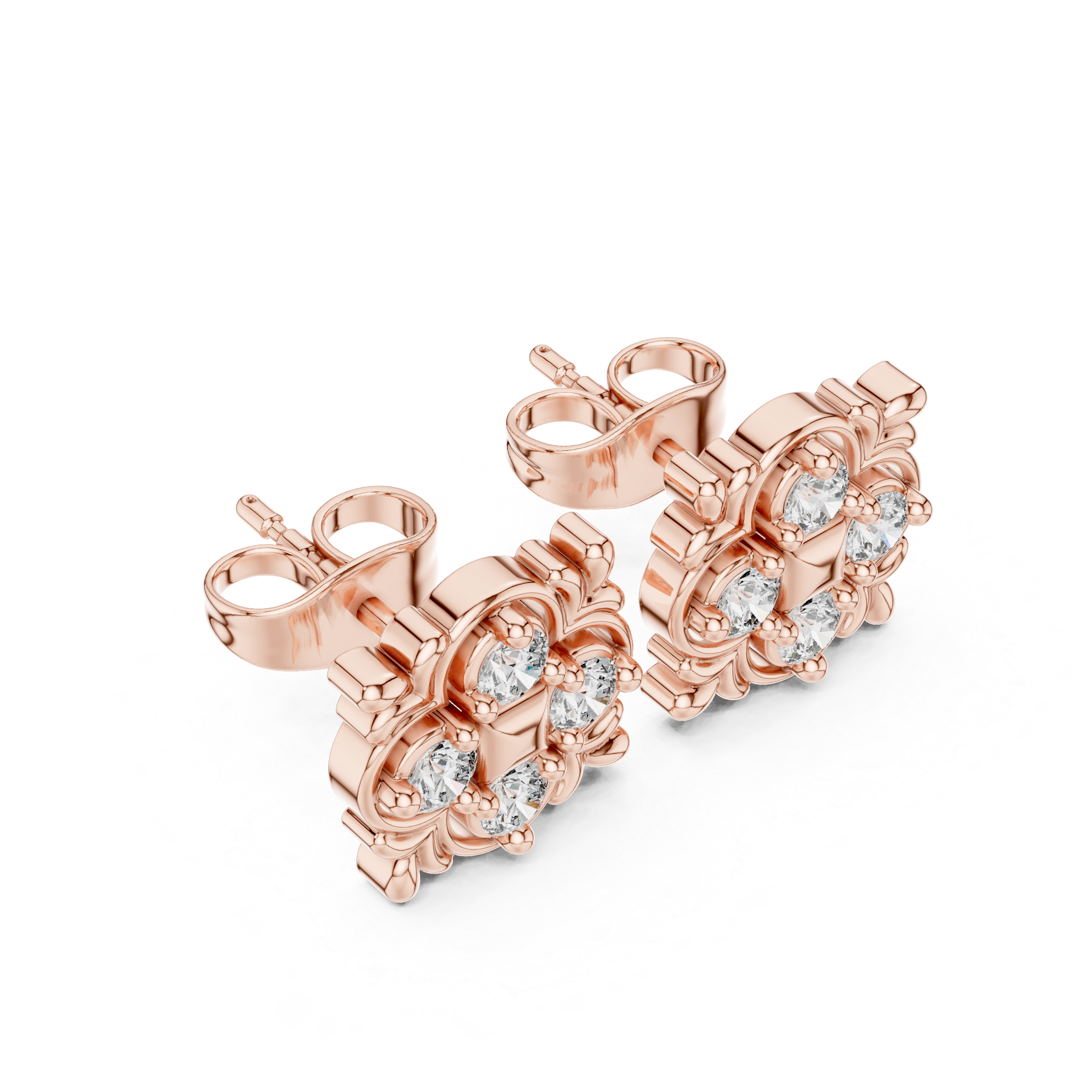 Rose Gold Vintage Filigree Clover Diamond Cluster Stud Earrings