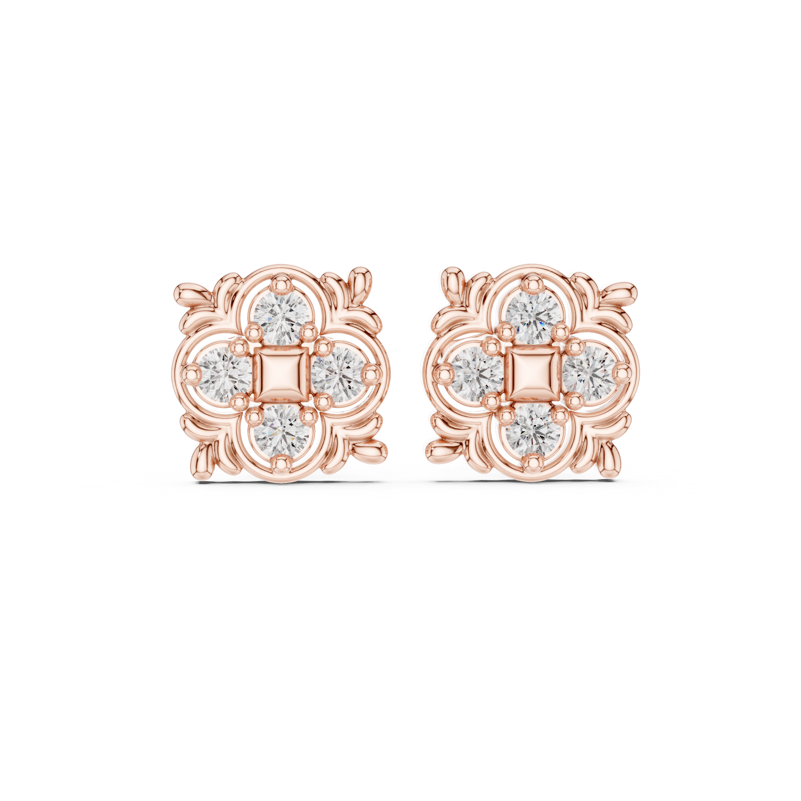 Rose Gold Vintage Filigree Clover Diamond Cluster Stud Earrings