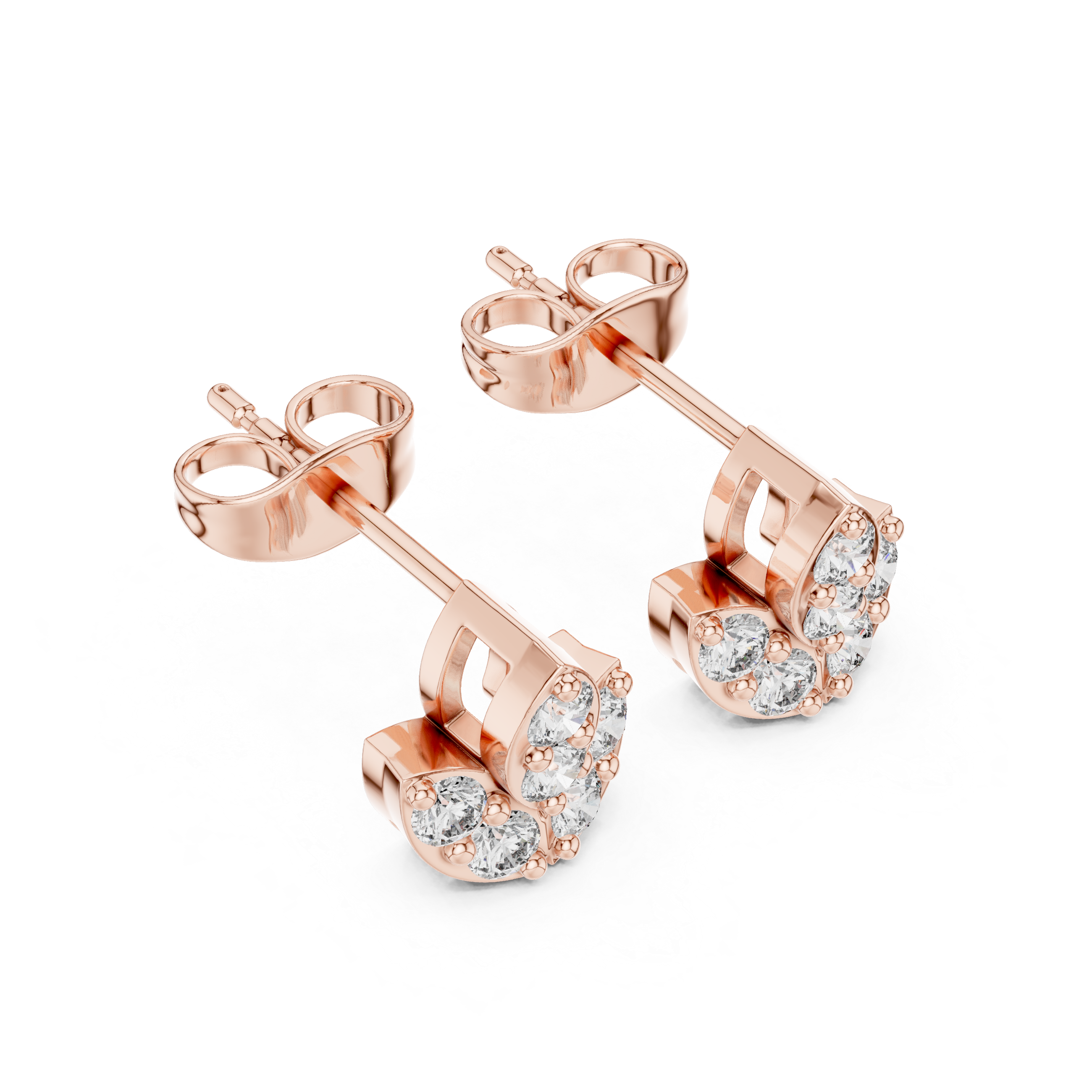 Rose Gold Curved C-Shape Diamond Cluster Stud Earrings