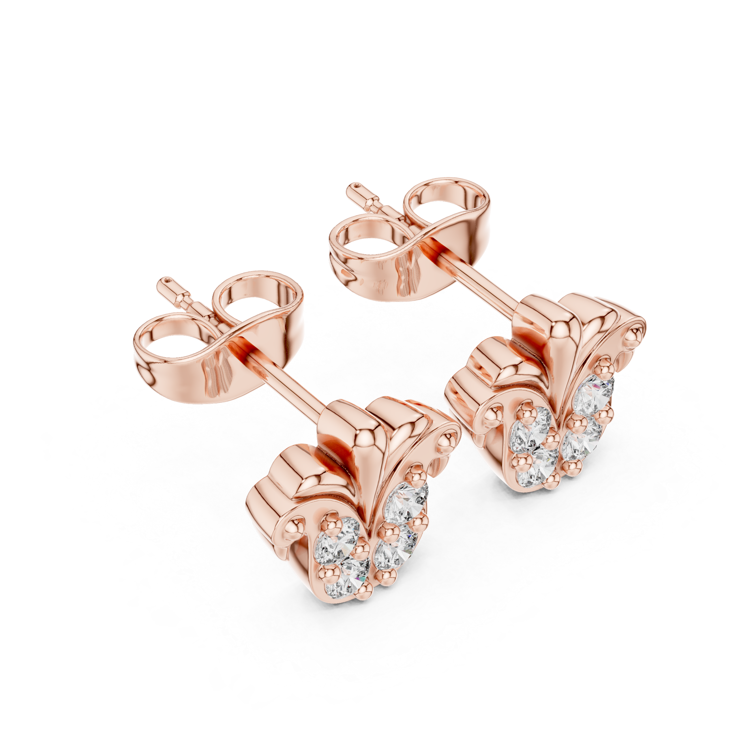 Rose Gold Butterfly Crown Diamond Cluster Stud Earrings