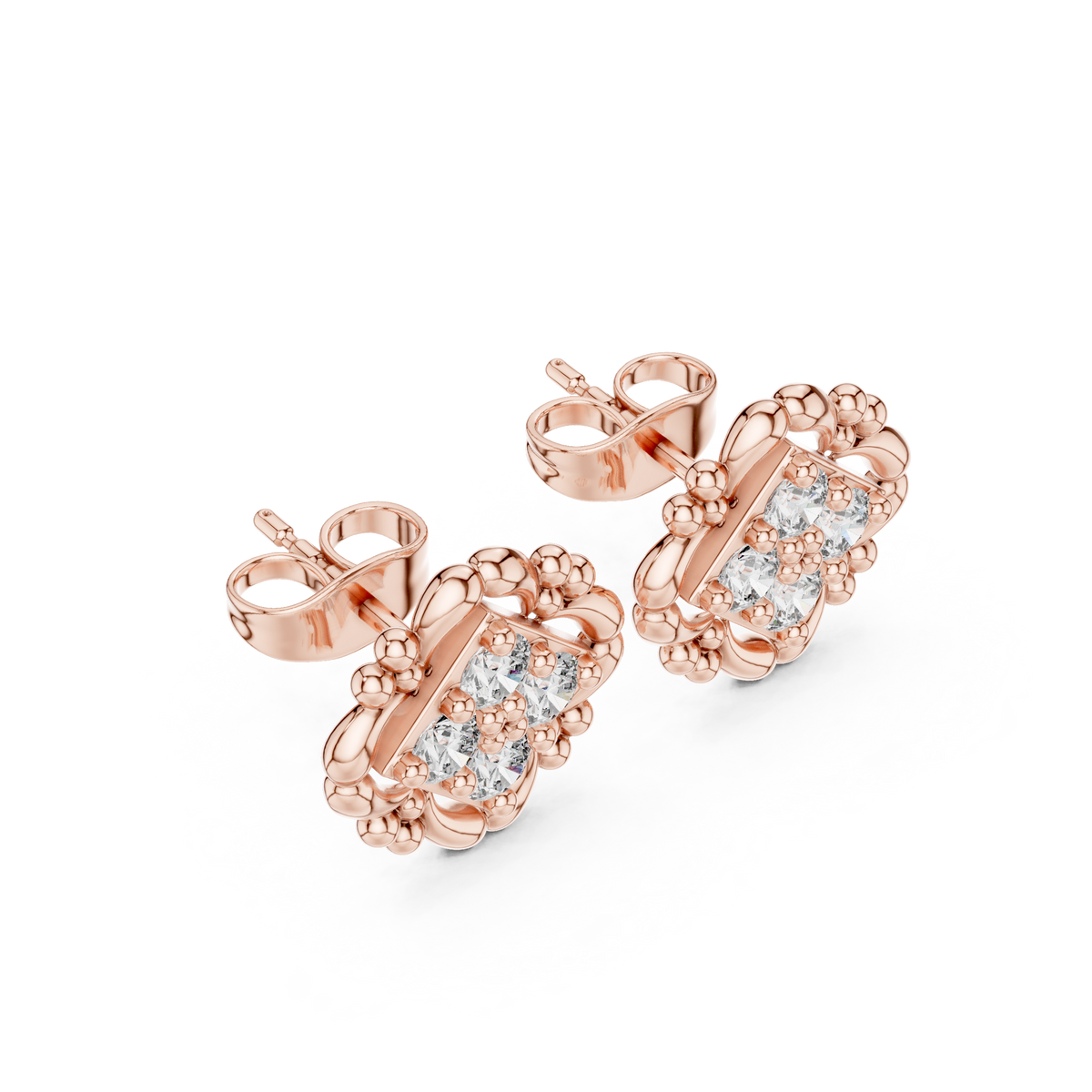 Rose Gold Rectangle Quad Diamond Cluster Stud Earrings with Bead-Scalloped Border