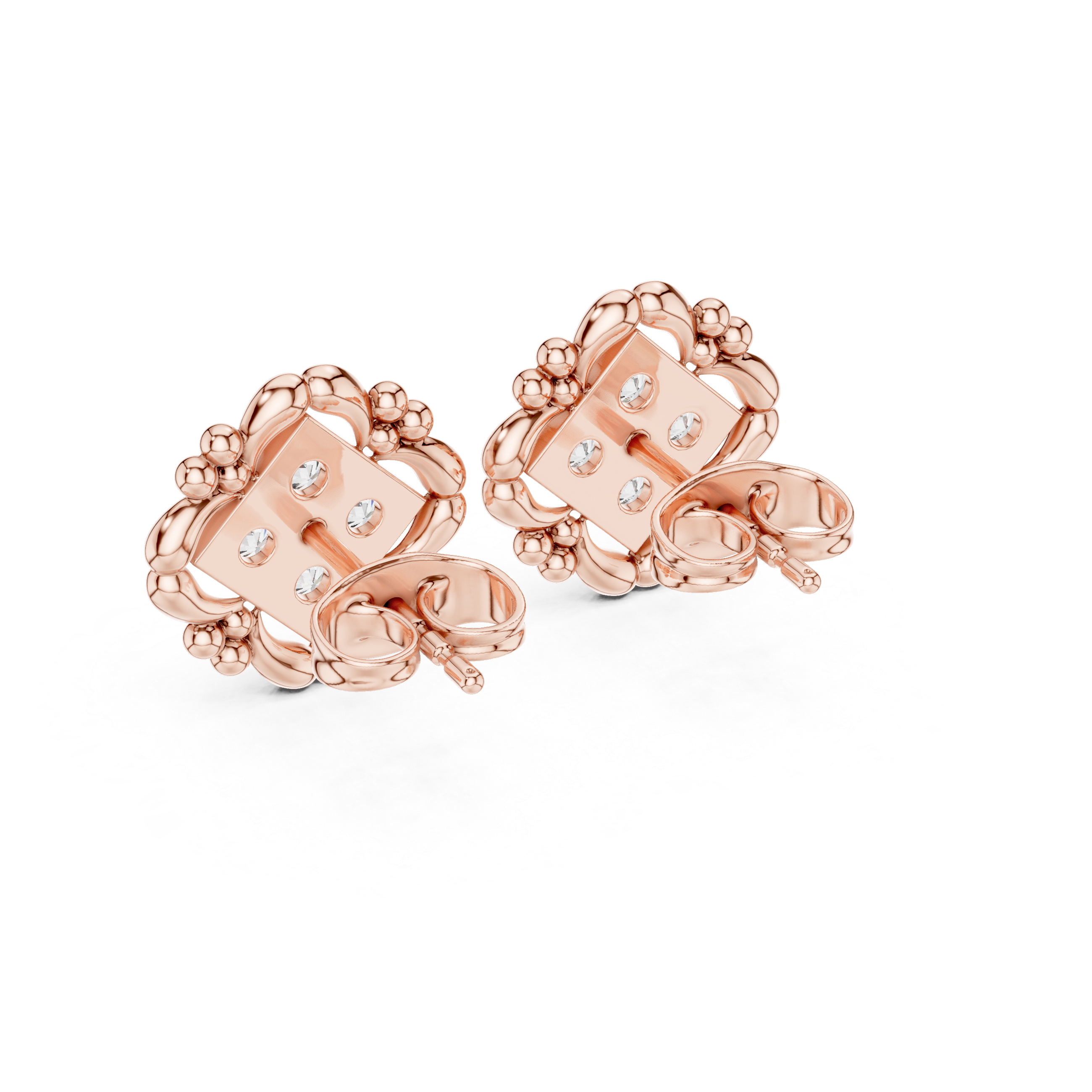 Rose Gold Rectangle Quad Diamond Cluster Stud Earrings with Bead-Scalloped Border