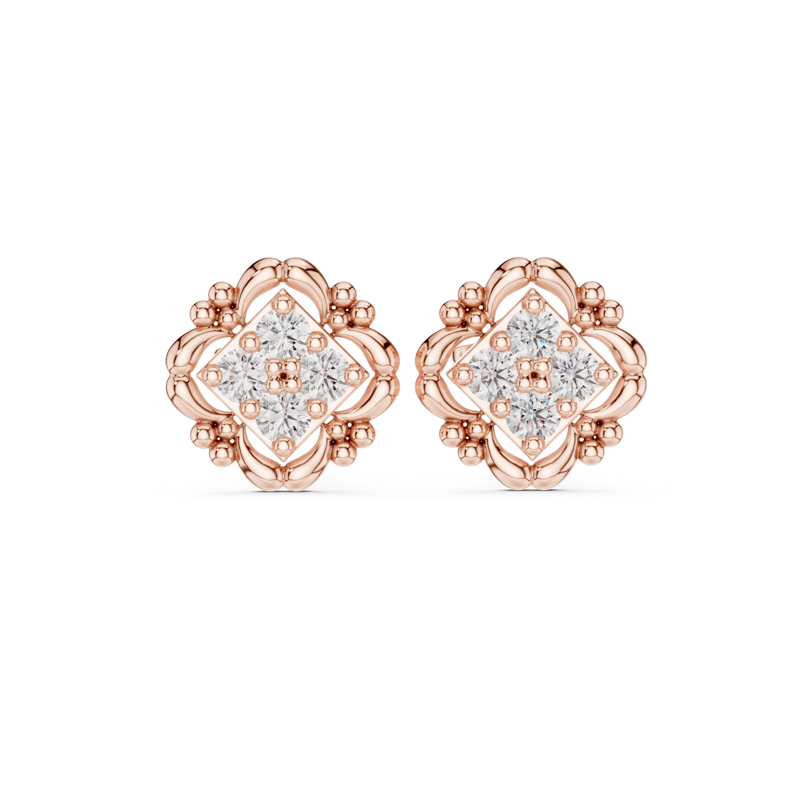 Rose Gold Rectangle Quad Diamond Cluster Stud Earrings with Bead-Scalloped Border