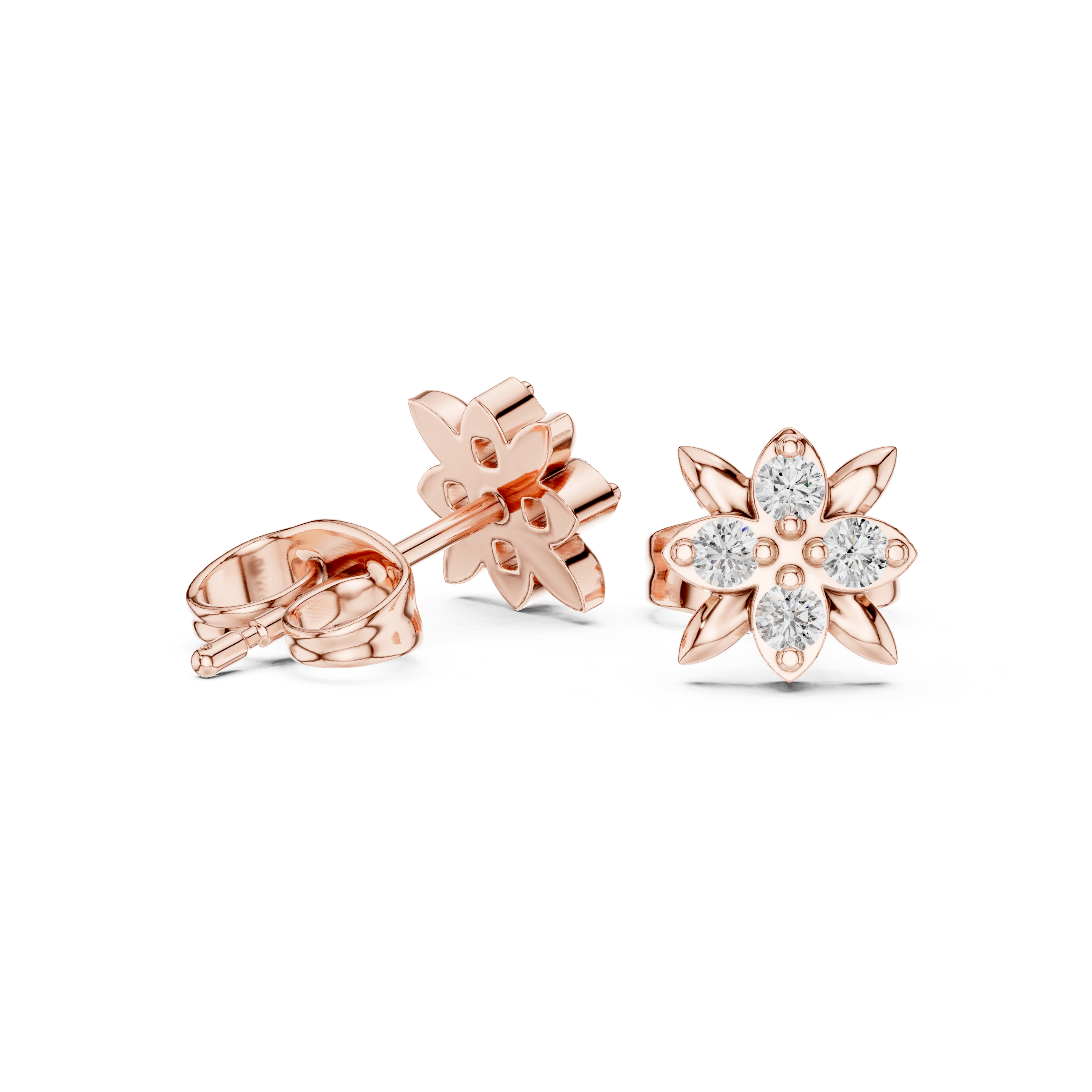 Rose Gold Butterfly Floral Diamond Cluster Stud Earrings