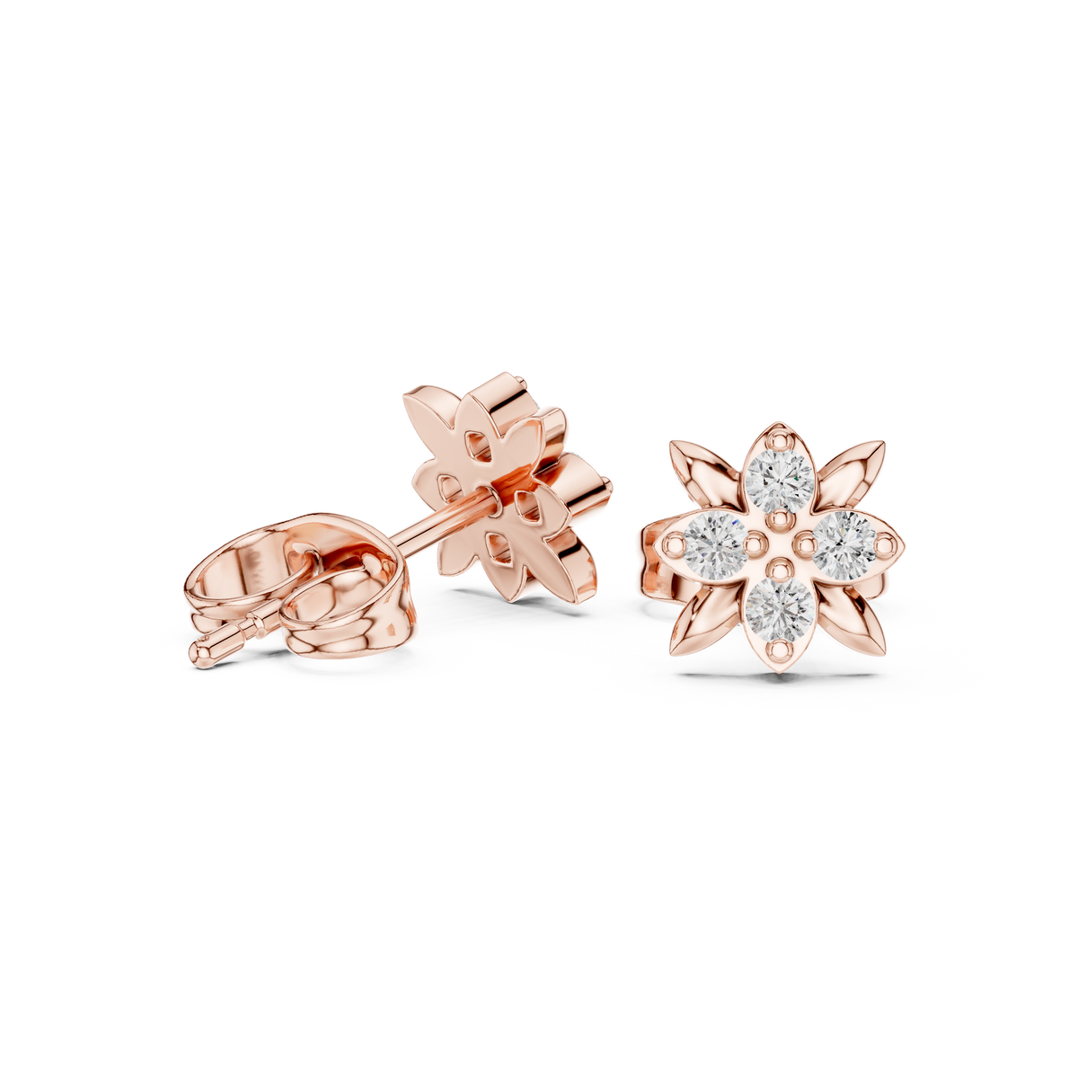 Rose Gold Butterfly Floral Diamond Cluster Stud Earrings