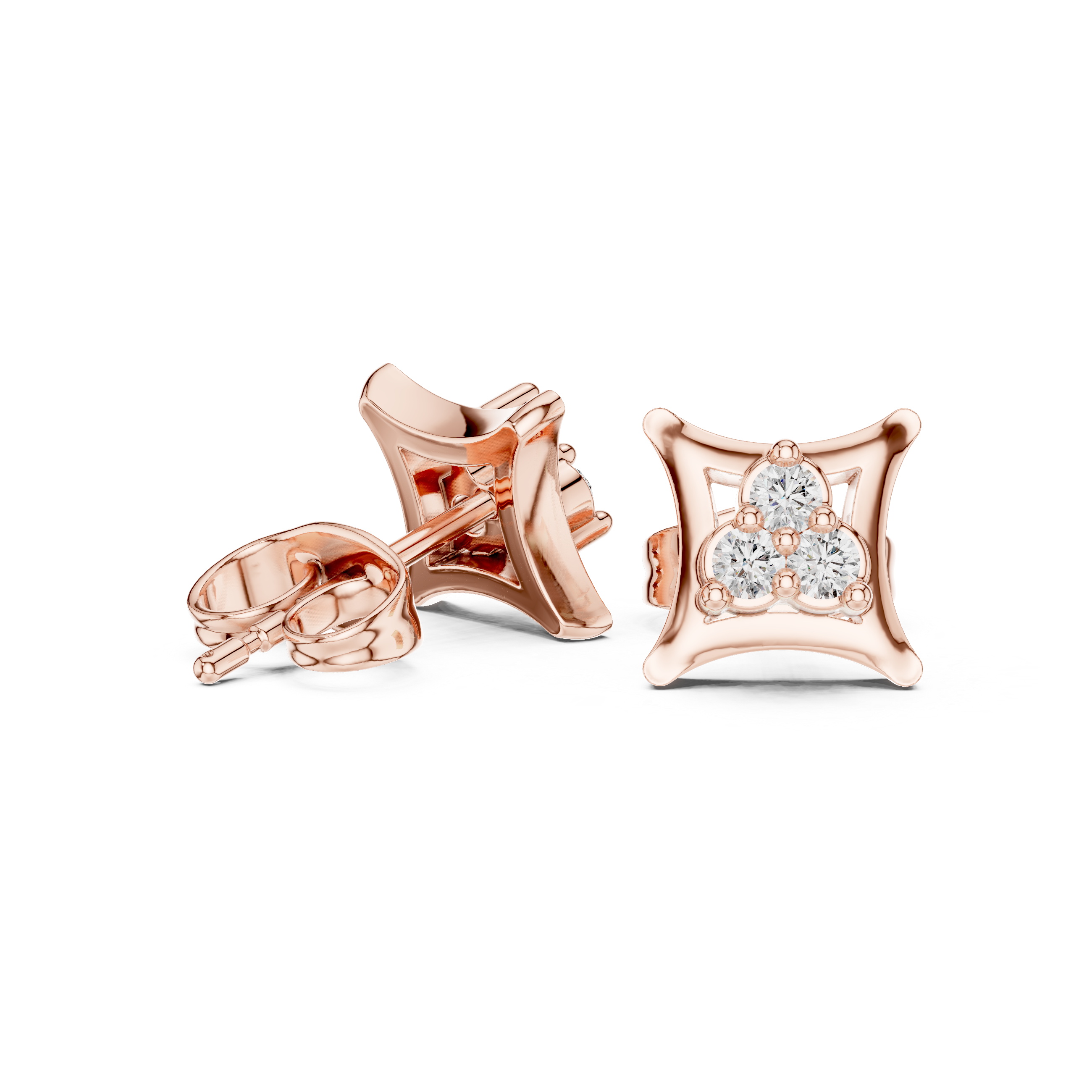 Rose Gold Concave Square Trio Diamond Cluster Stud Earrings