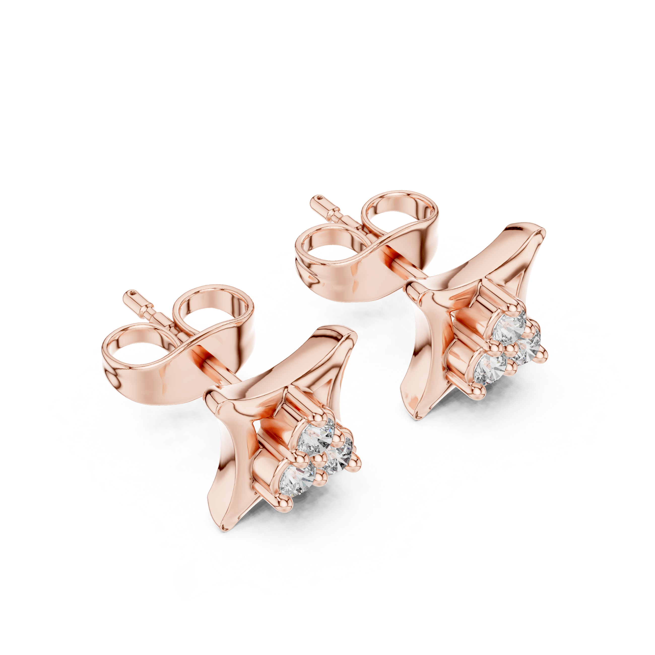 Rose Gold Concave Square Trio Diamond Cluster Stud Earrings