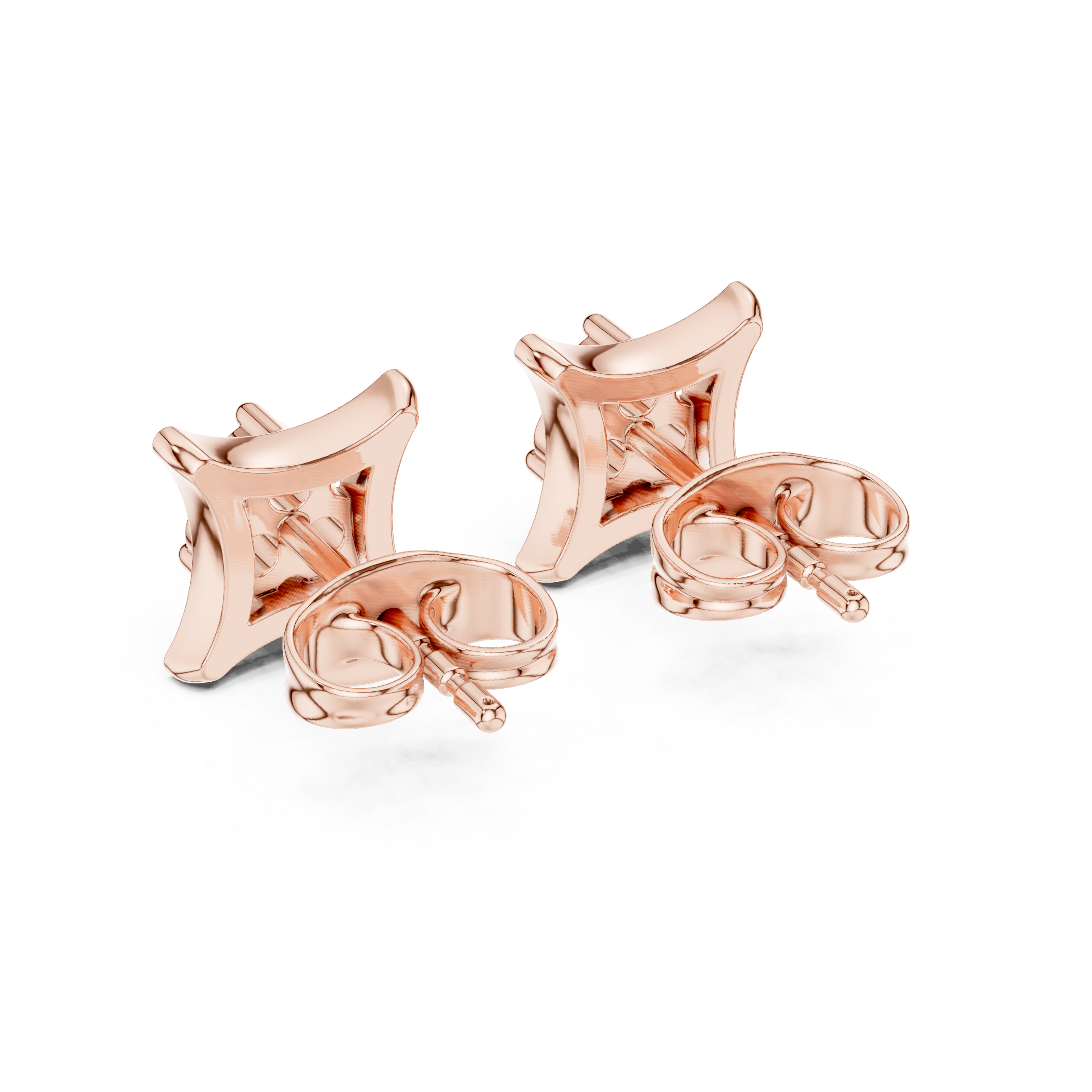 Rose Gold Concave Square Trio Diamond Cluster Stud Earrings