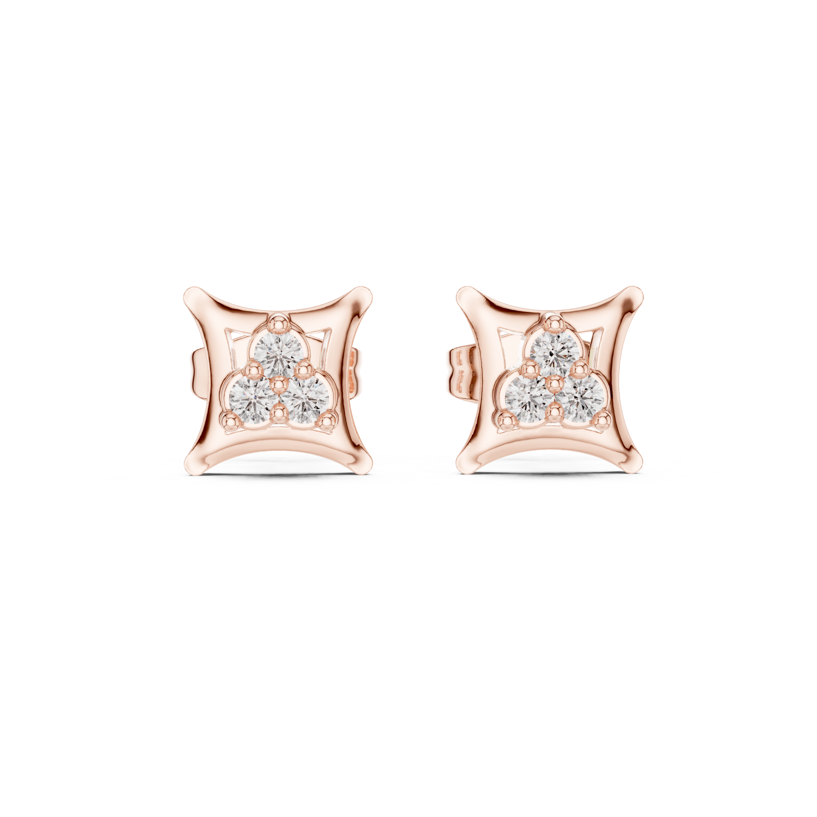 Rose Gold Concave Square Trio Diamond Cluster Stud Earrings