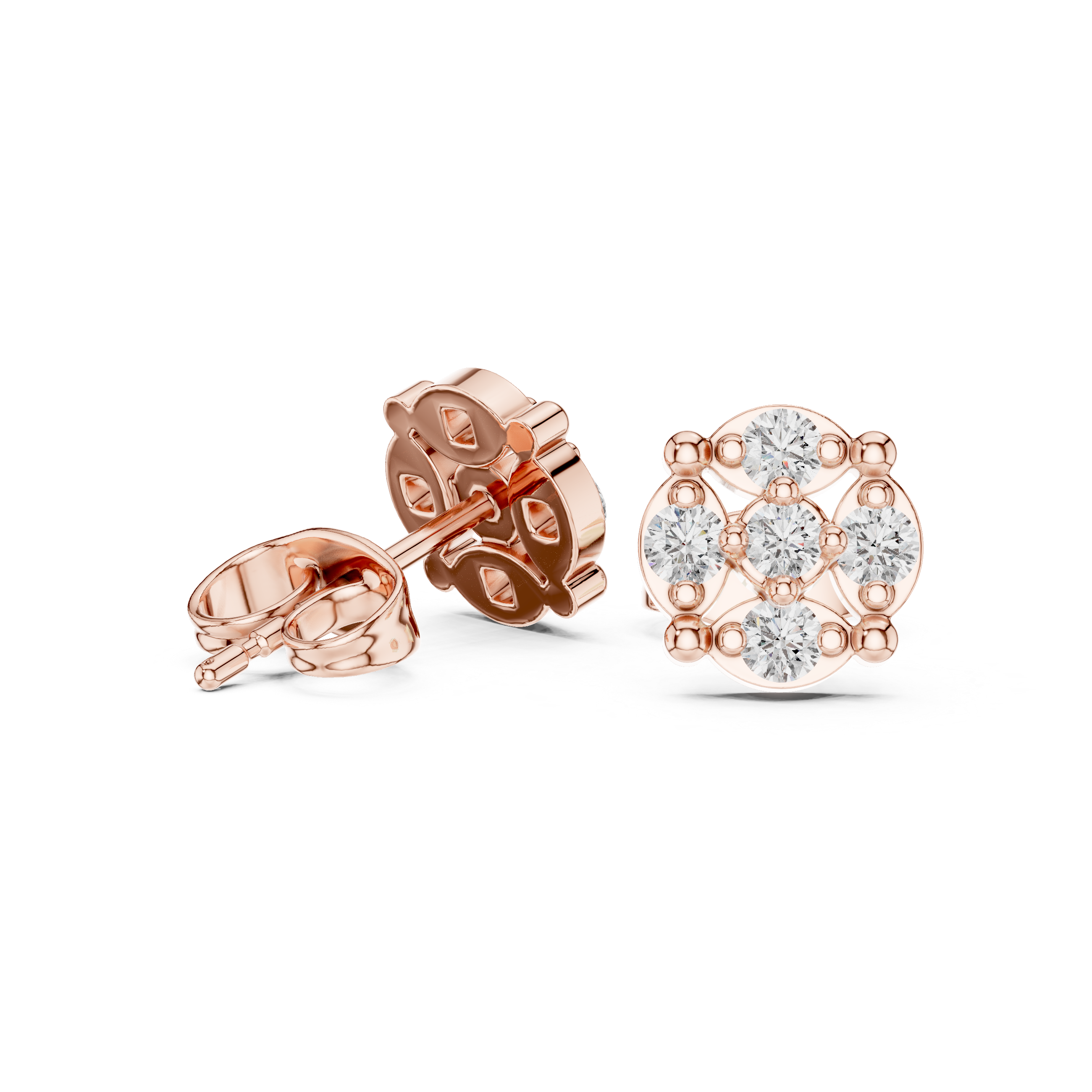 Rose Gold Round Floral Cross Diamond Cluster Stud Earrings