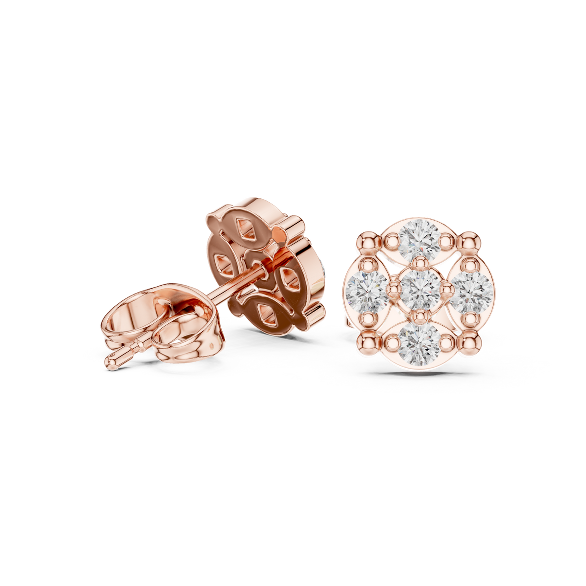 Rose Gold Round Floral Cross Diamond Cluster Stud Earrings