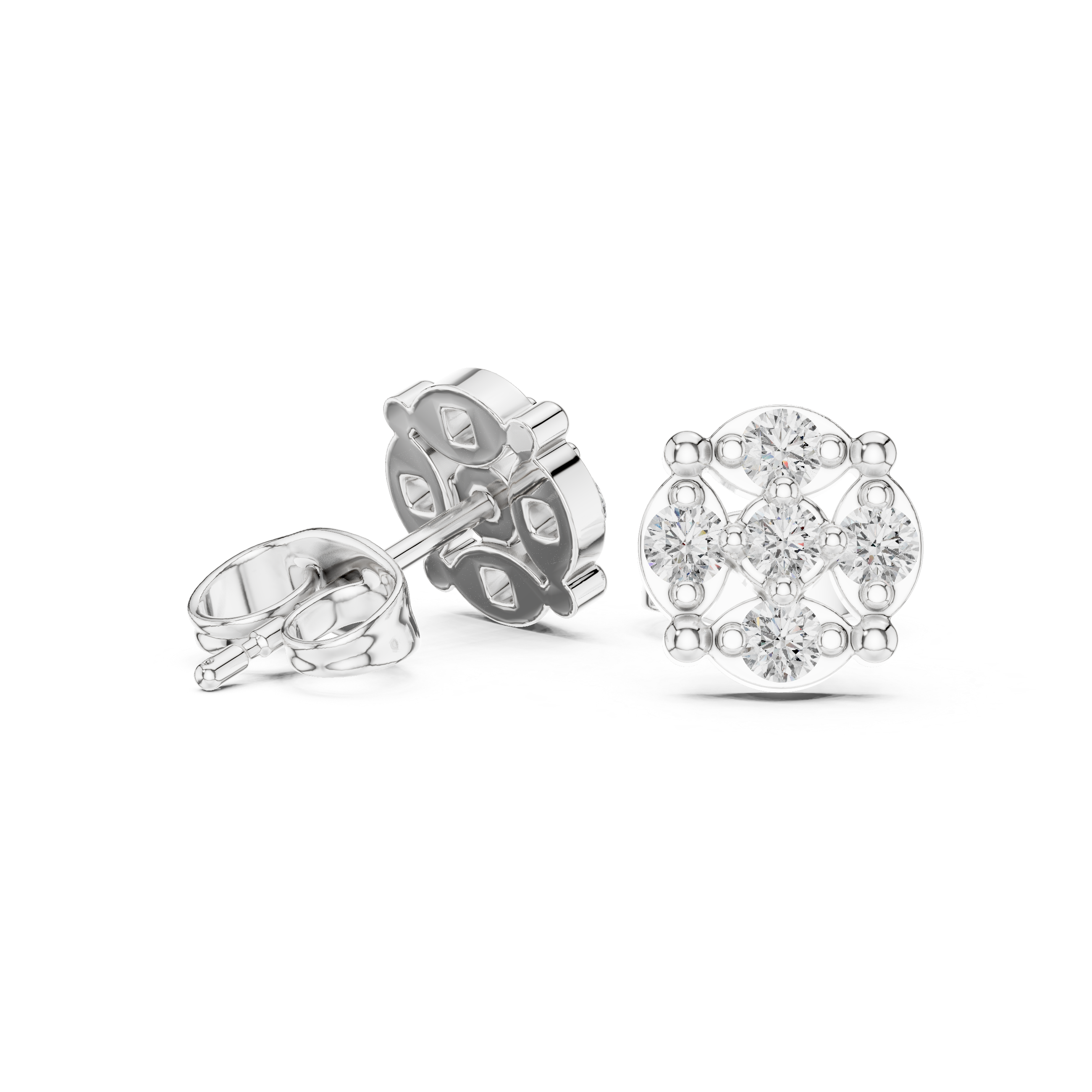 Rose Gold Round Floral Cross Diamond Cluster Stud Earrings