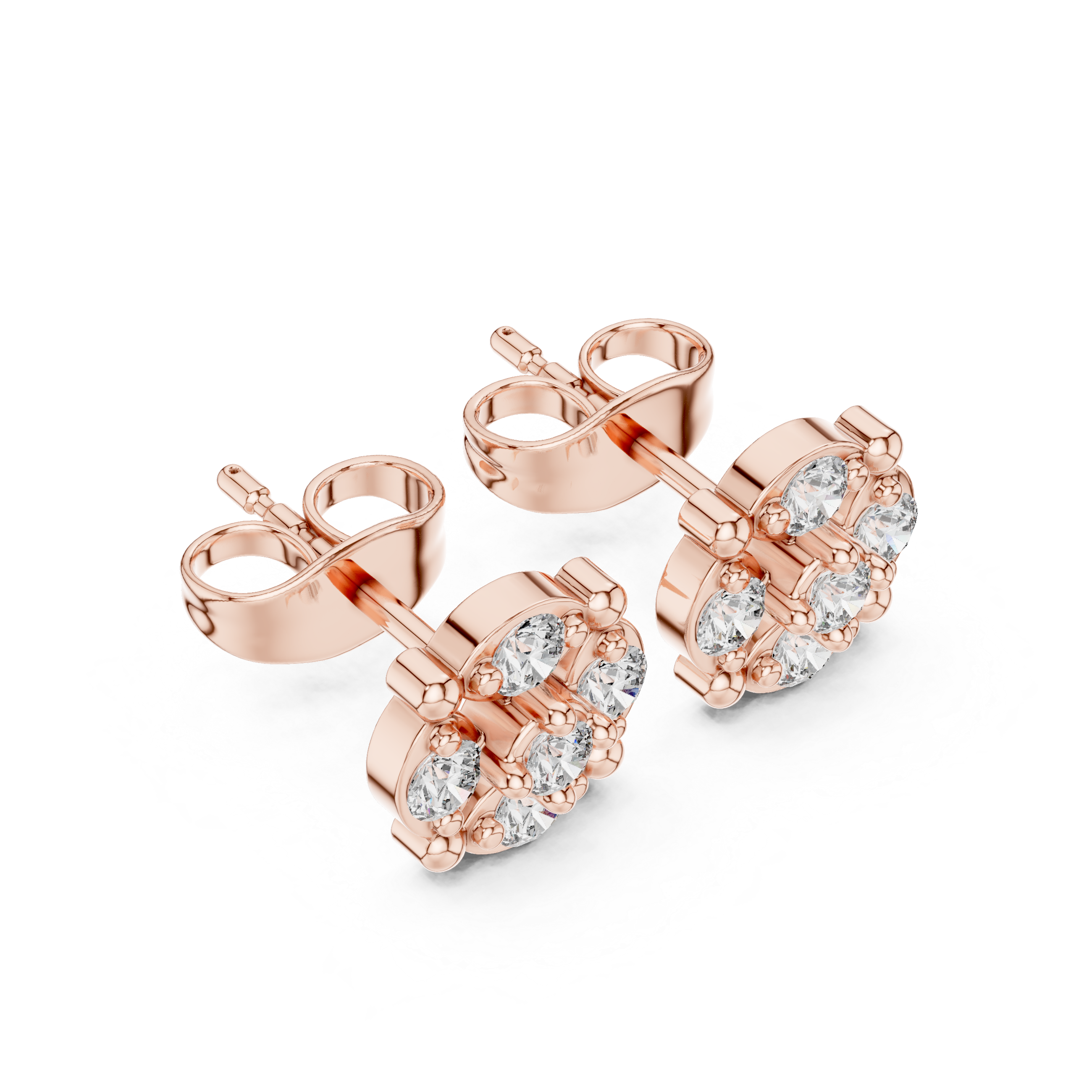 Rose Gold Round Floral Cross Diamond Cluster Stud Earrings