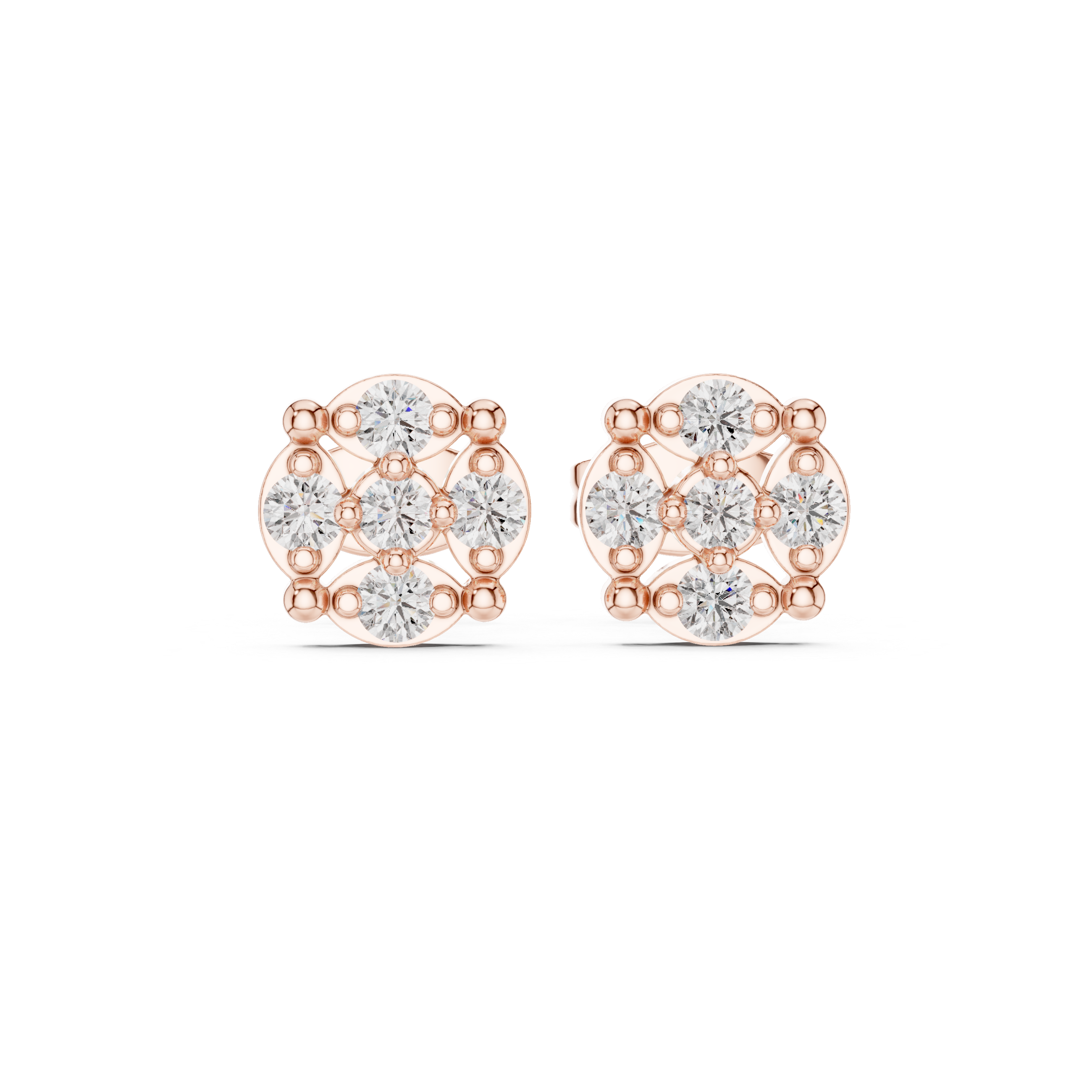 Rose Gold Round Floral Cross Diamond Cluster Stud Earrings