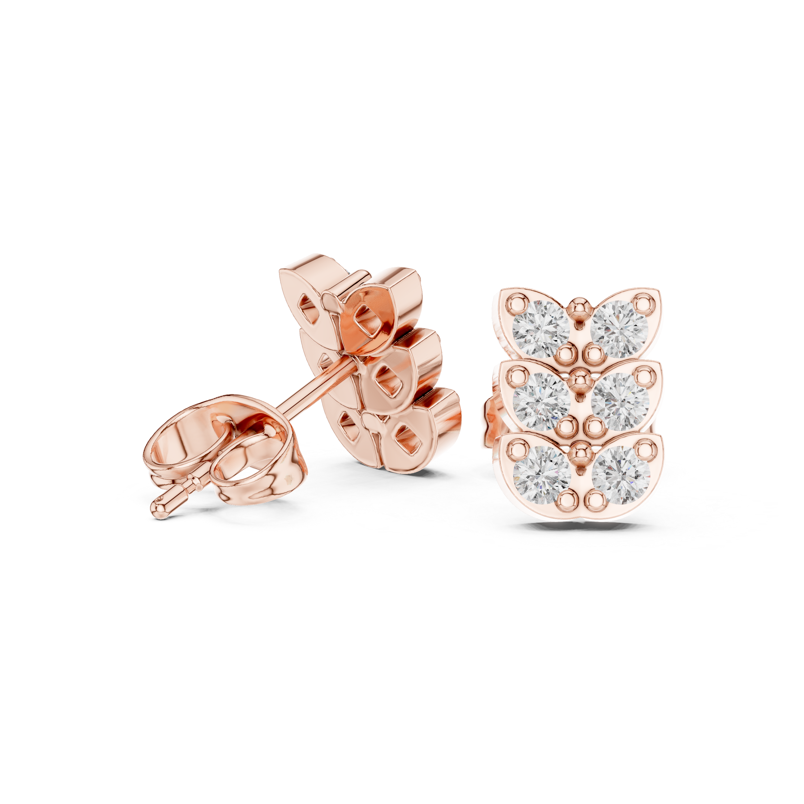 Rose Gold Triple Butterfly Diamond Cluster Stud Earrings