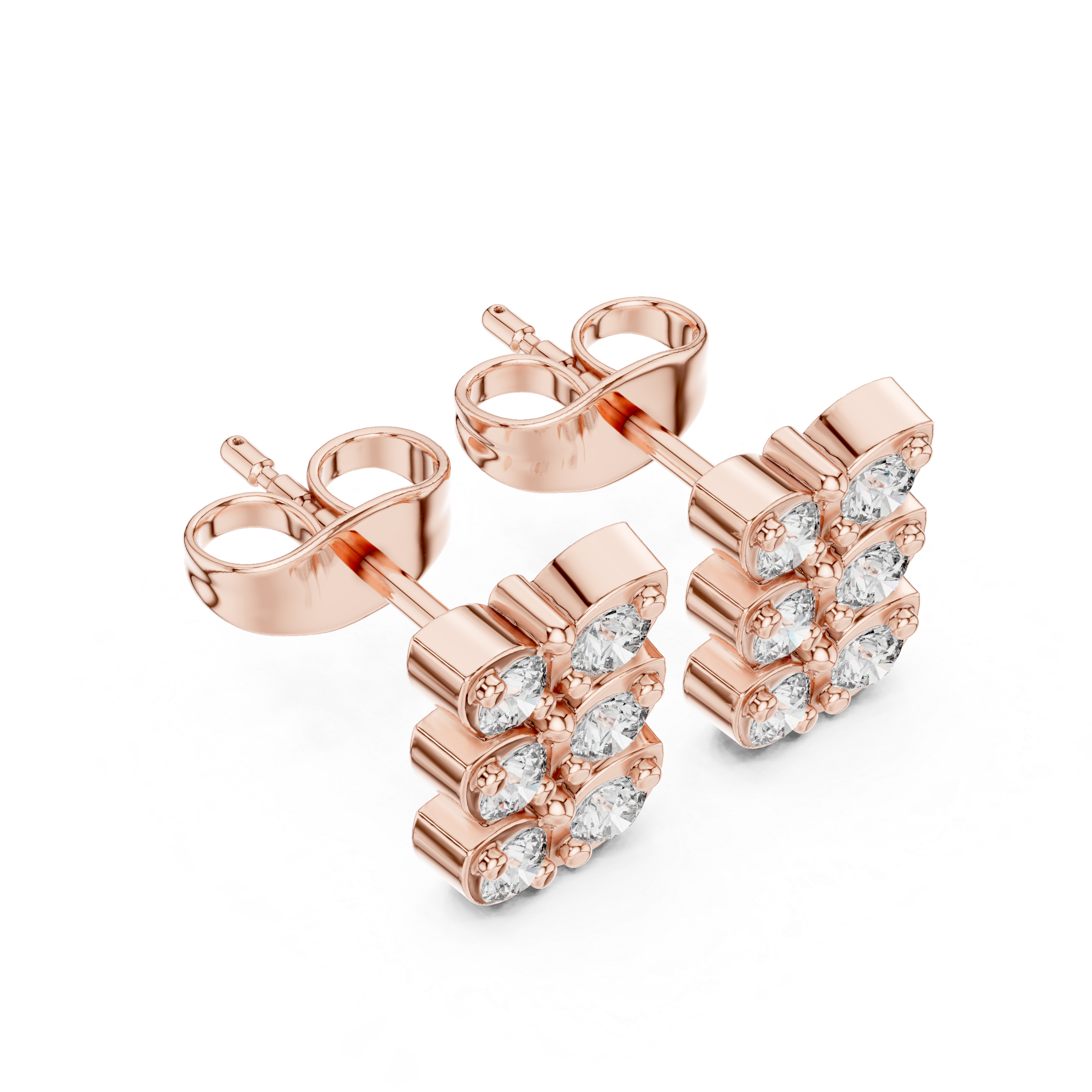 Rose Gold Triple Butterfly Diamond Cluster Stud Earrings
