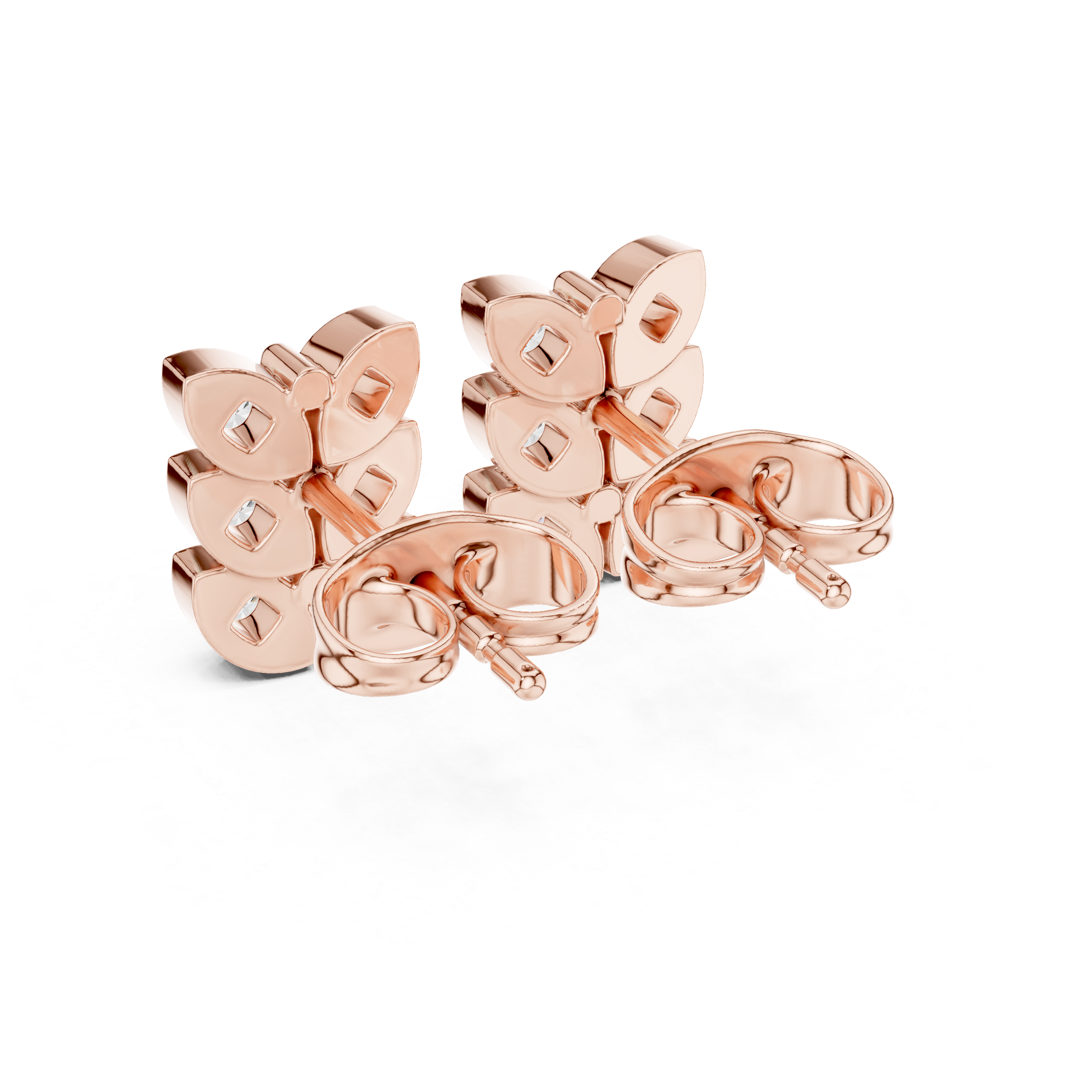 Rose Gold Triple Butterfly Diamond Cluster Stud Earrings