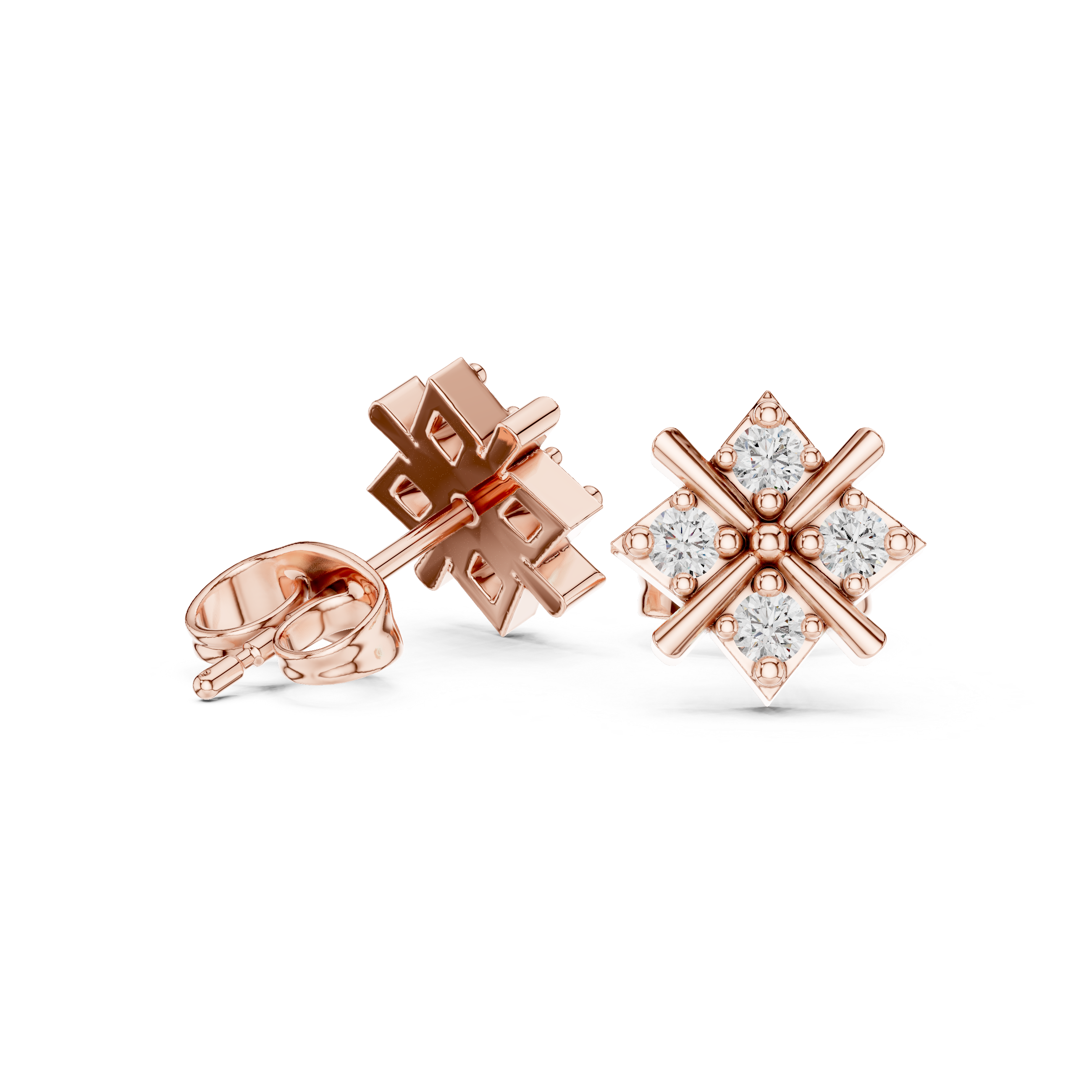 Rose Gold Geometric Cross Lattice Diamond Cluster Stud Earrings