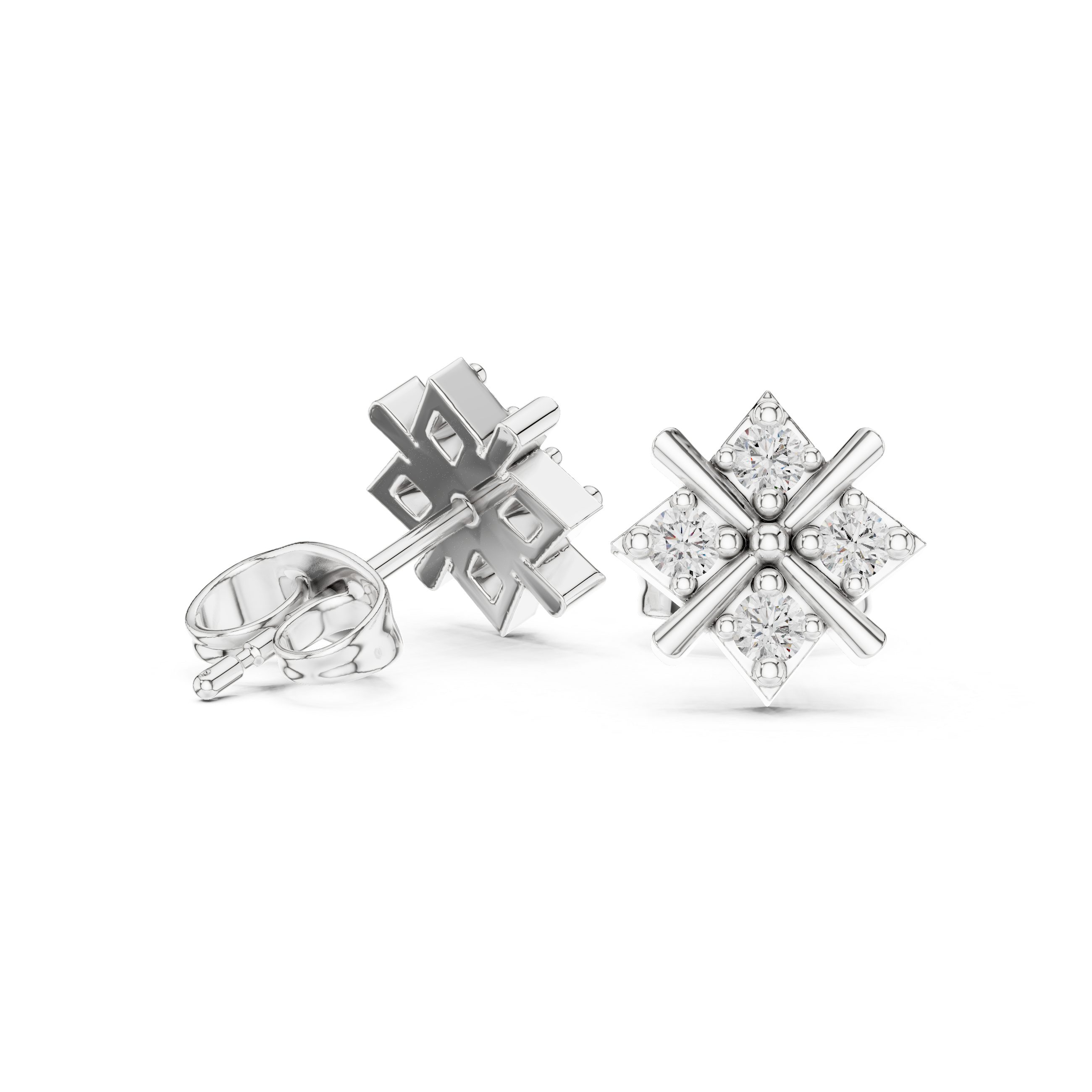 Rose Gold Geometric Cross Lattice Diamond Cluster Stud Earrings